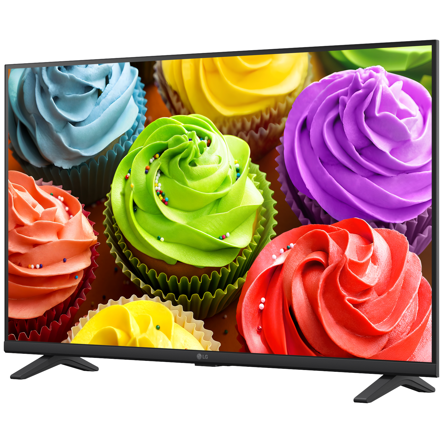 A television screen displays colorful cupcakes with swirled frosting and sprinkles.