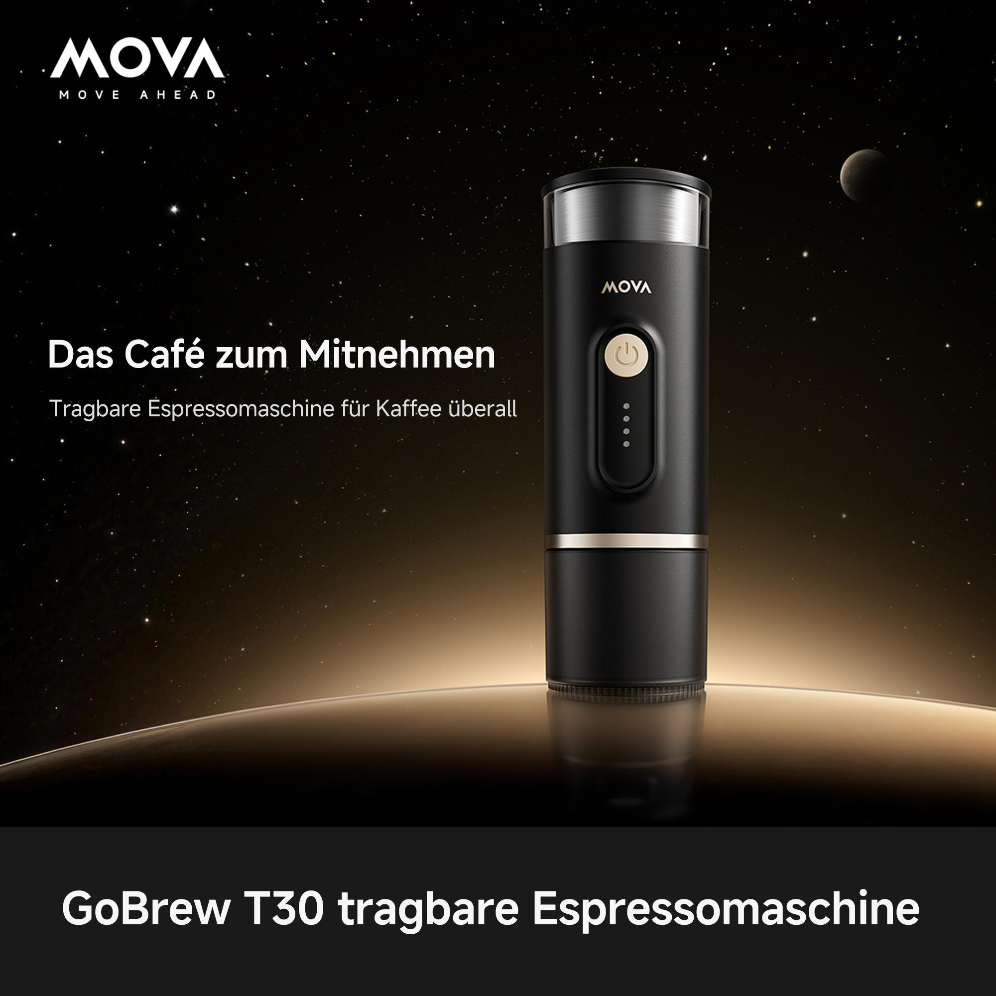Schwarze tragbare Espressomaschine vor Sternenhimmel mit Mond.