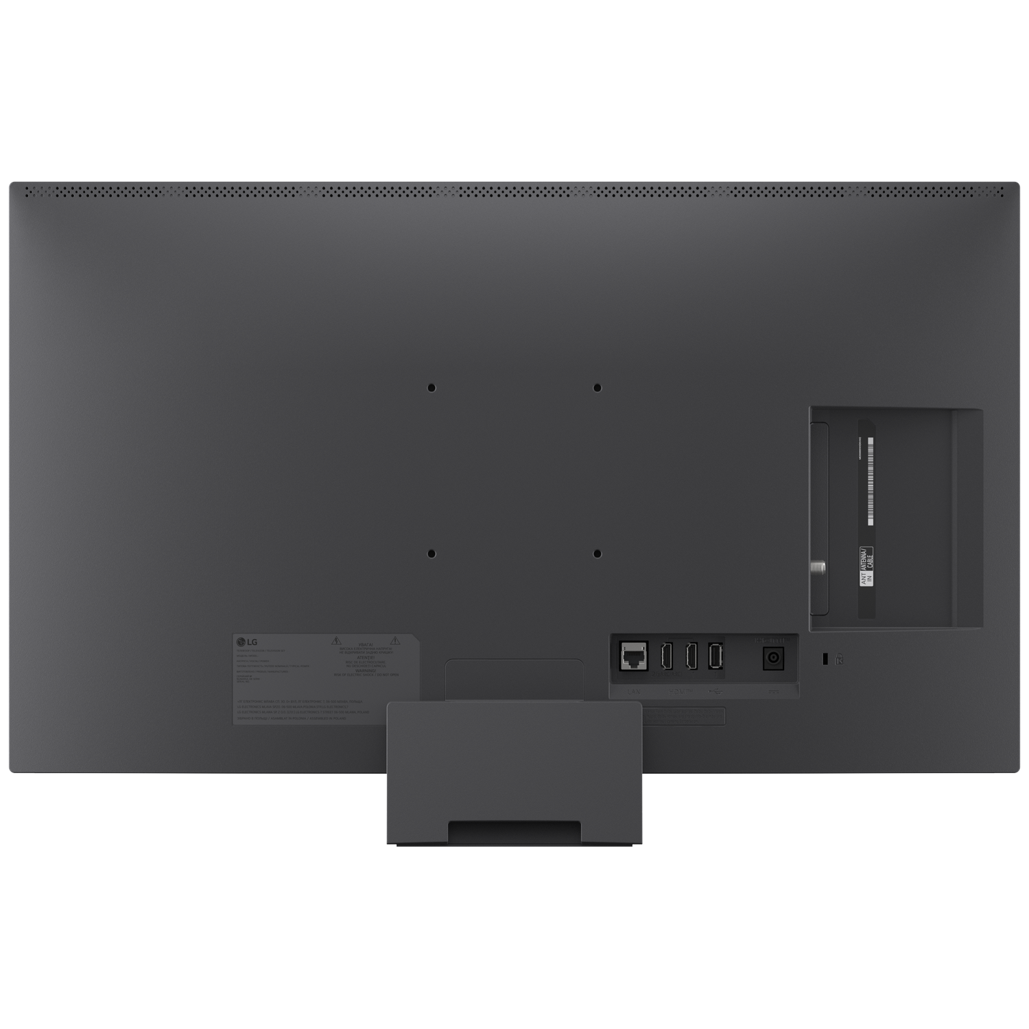 Achterkant van een LG TV met poorten: LAN, 3x HDMI, Antenne. Grijze standaard.