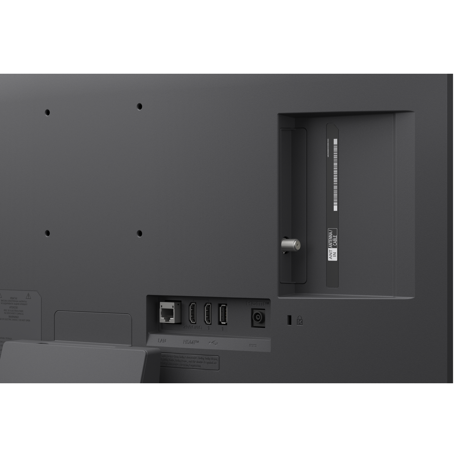 Achterkant van een tv met poorten: LAN, HDMI, antenne en stroom.