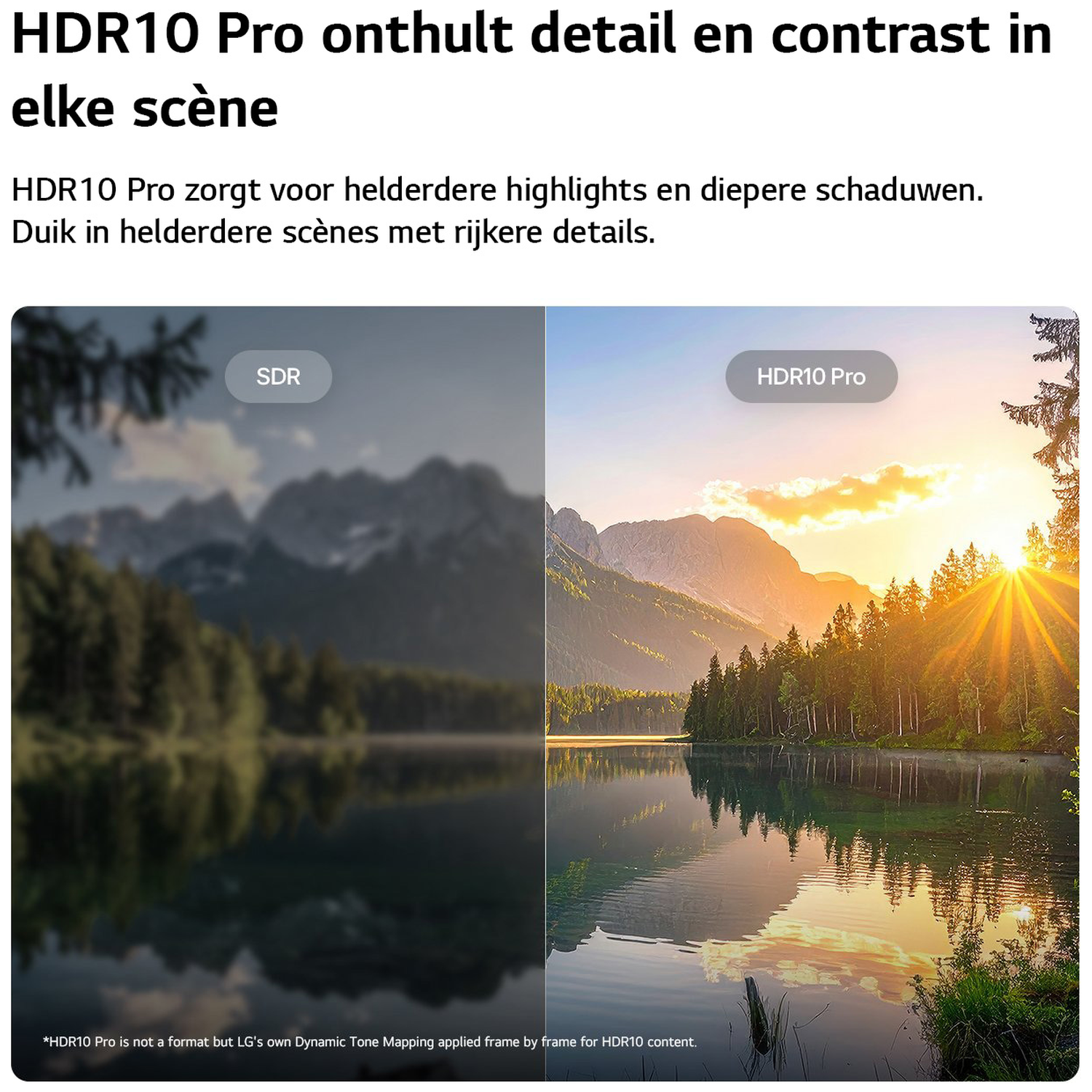 SDR vs. HDR10 Pro: Zonsondergang over meer en bergen, met details.