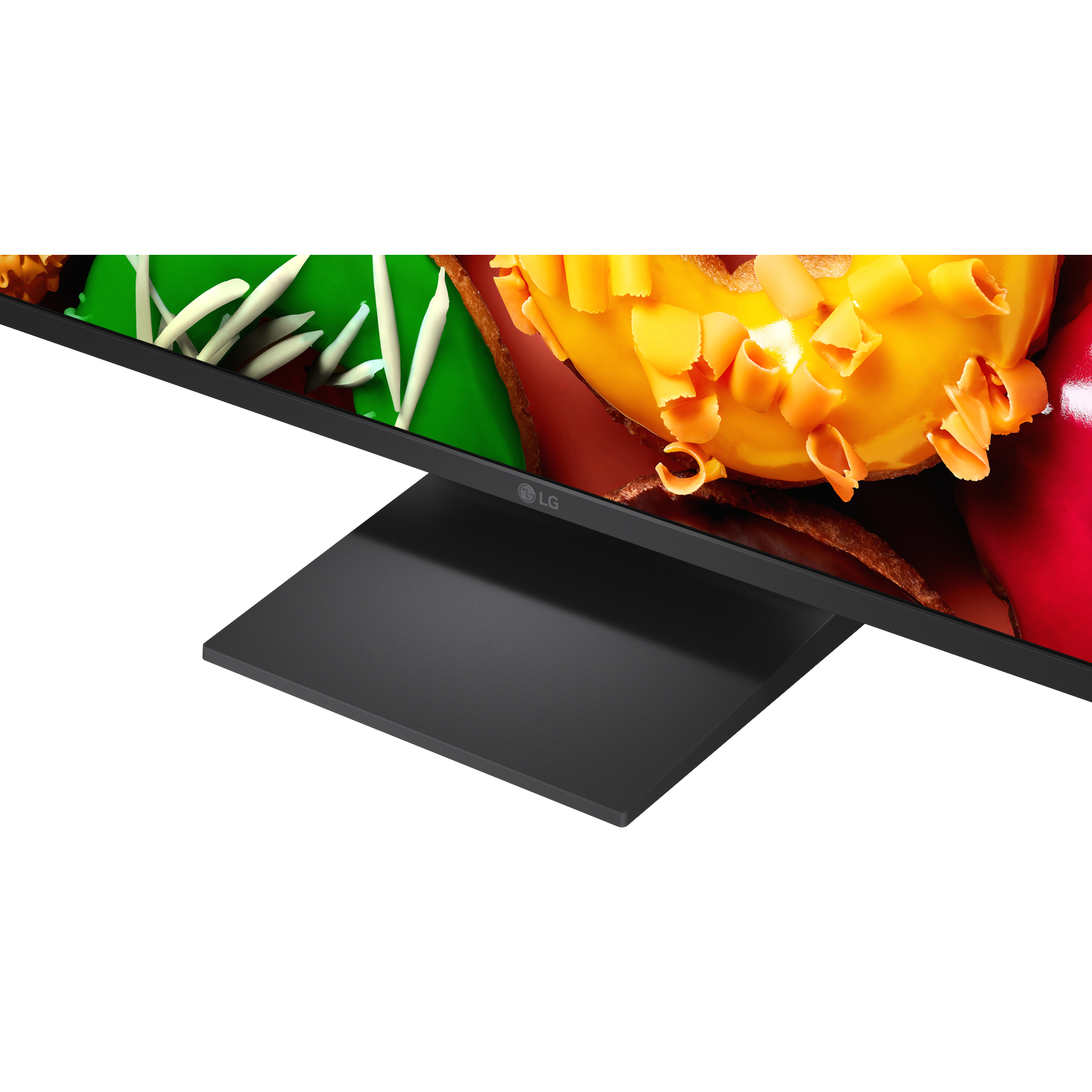 Close-up van een monitor met kleurrijke graphics en een grijze standaard.