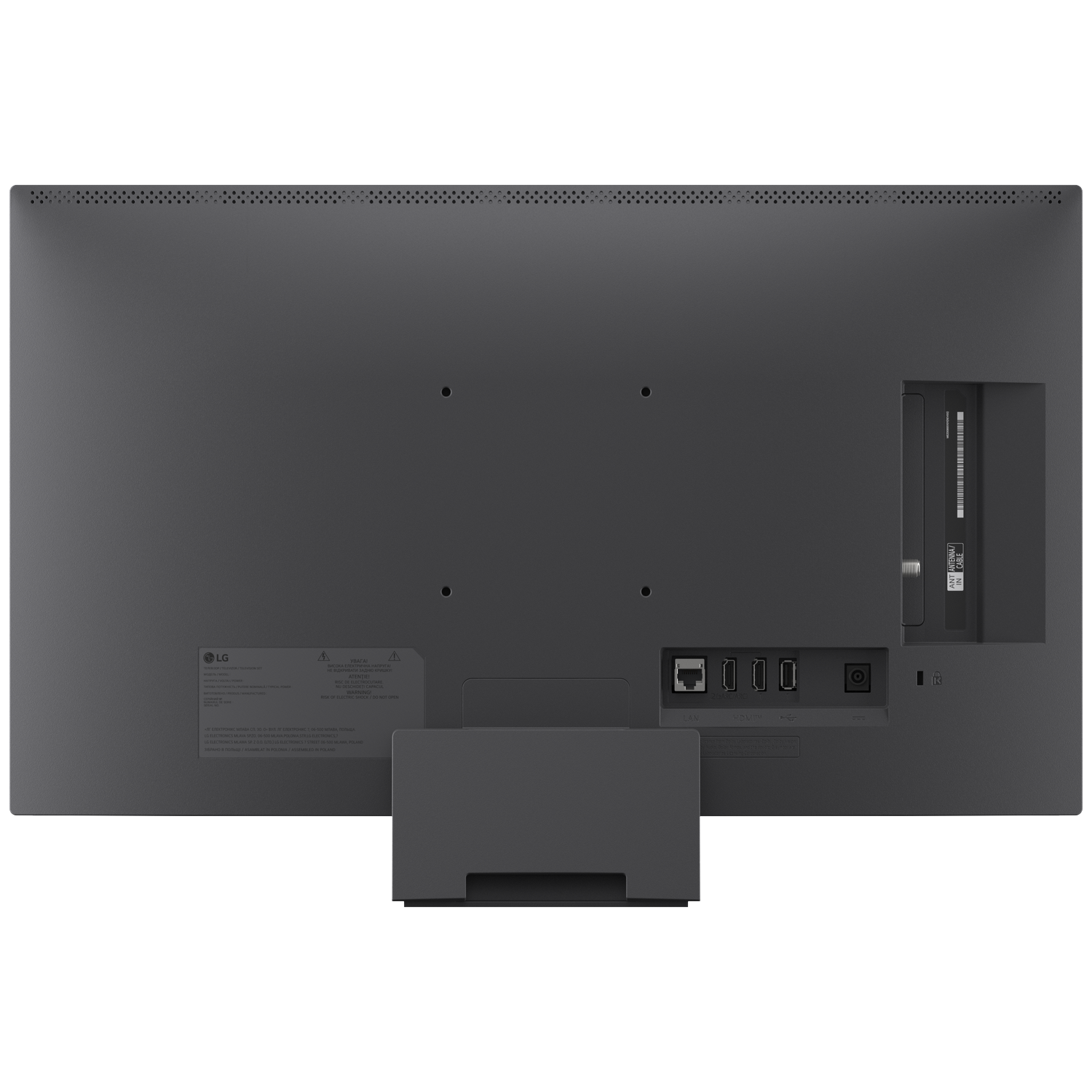 Achterkant van een LG TV met poorten: LAN, HDMI, USB en antenne-ingang.