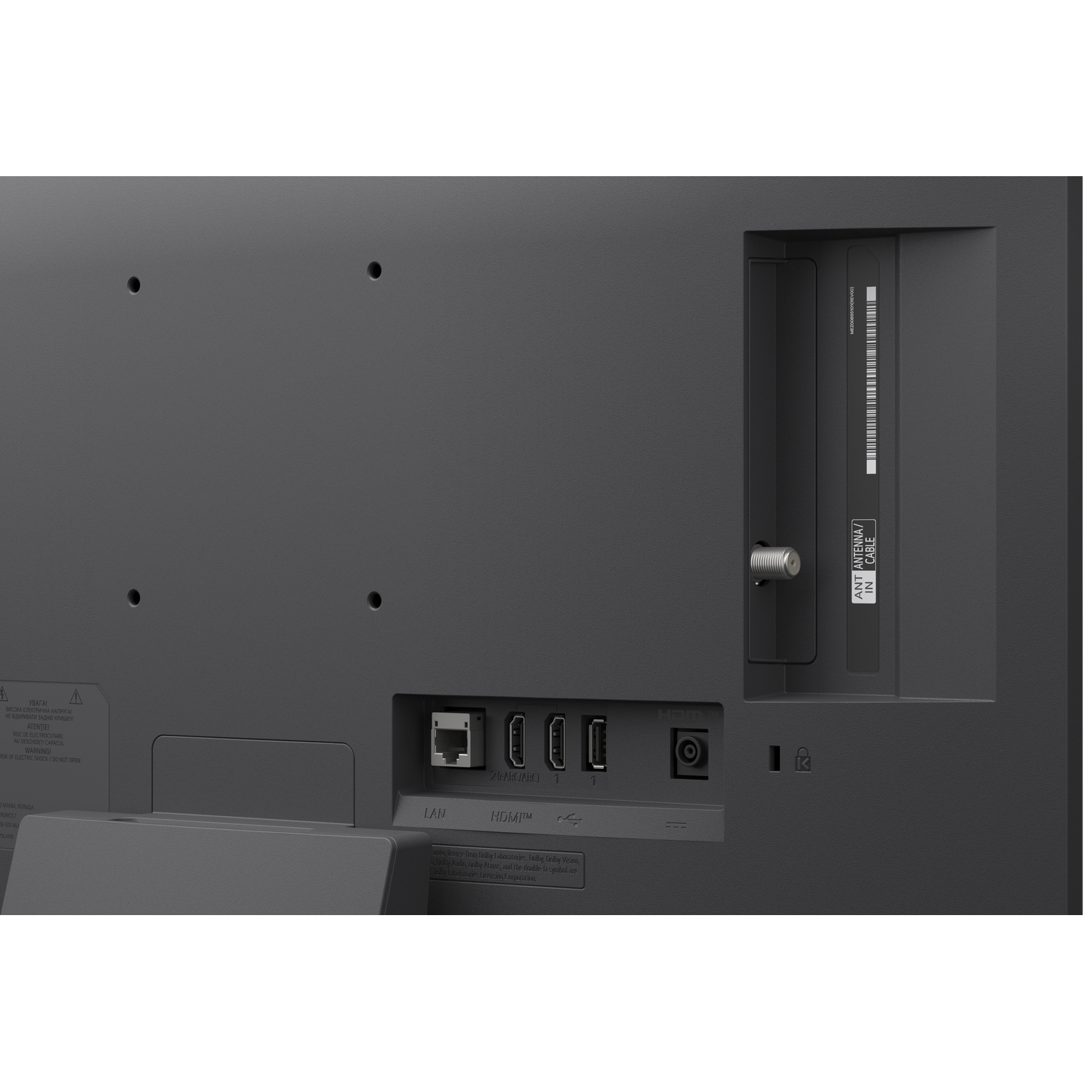 Achterkant van een tv met poorten: LAN, HDMI, antenne-ingang.