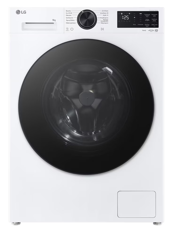 Biała pralka LG z czarnymi drzwiami i cyfrowym wyświetlaczem.
