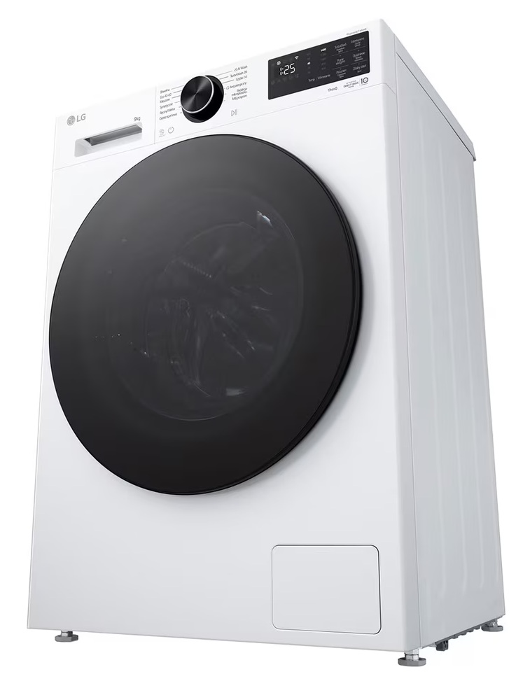Biała pralka LG z czarnymi drzwiami i panelem sterowania.