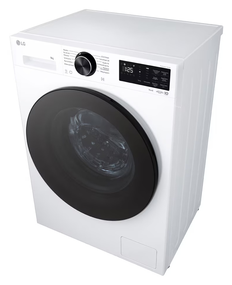 Biała pralka LG z czarnymi drzwiami i cyfrowym wyświetlaczem.