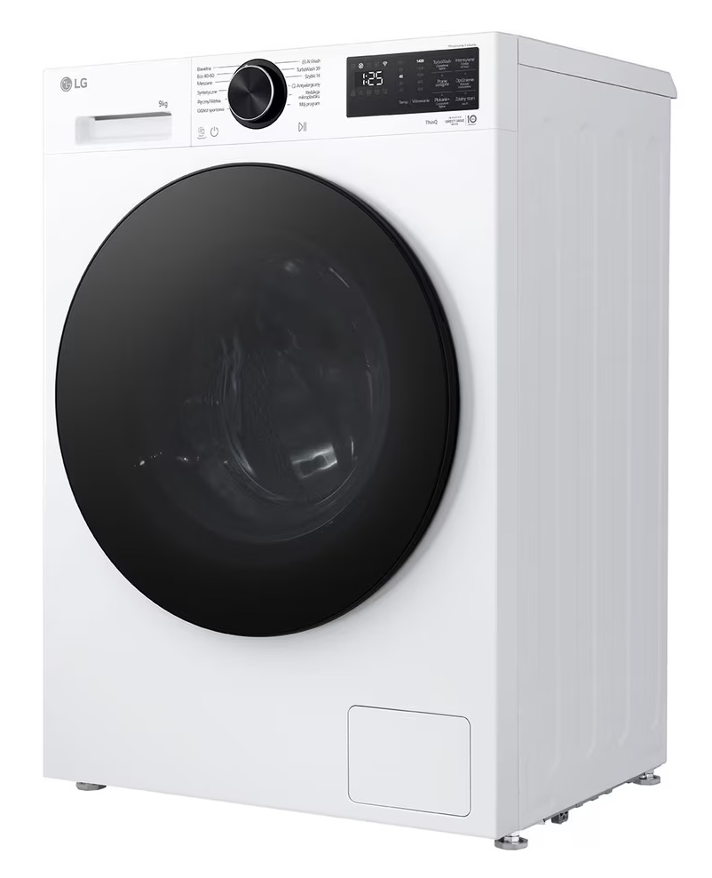 Biała pralka LG z czarnymi drzwiami i cyfrowym wyświetlaczem.