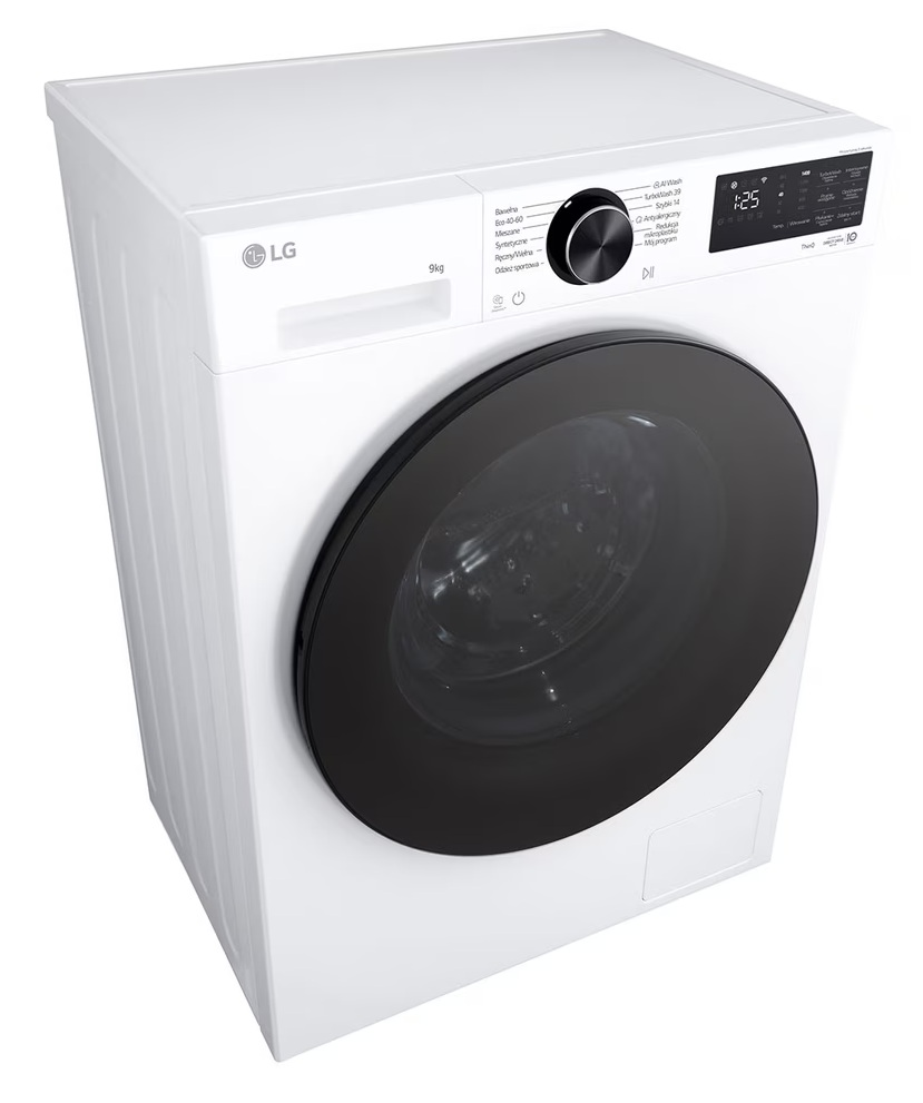 Biała pralka LG z czarnymi drzwiami i panelem sterowania.