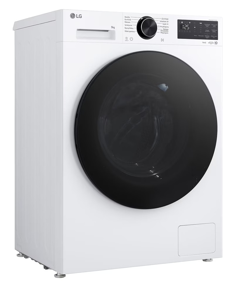 Biała pralka LG z czarnymi drzwiami i panelem sterowania.