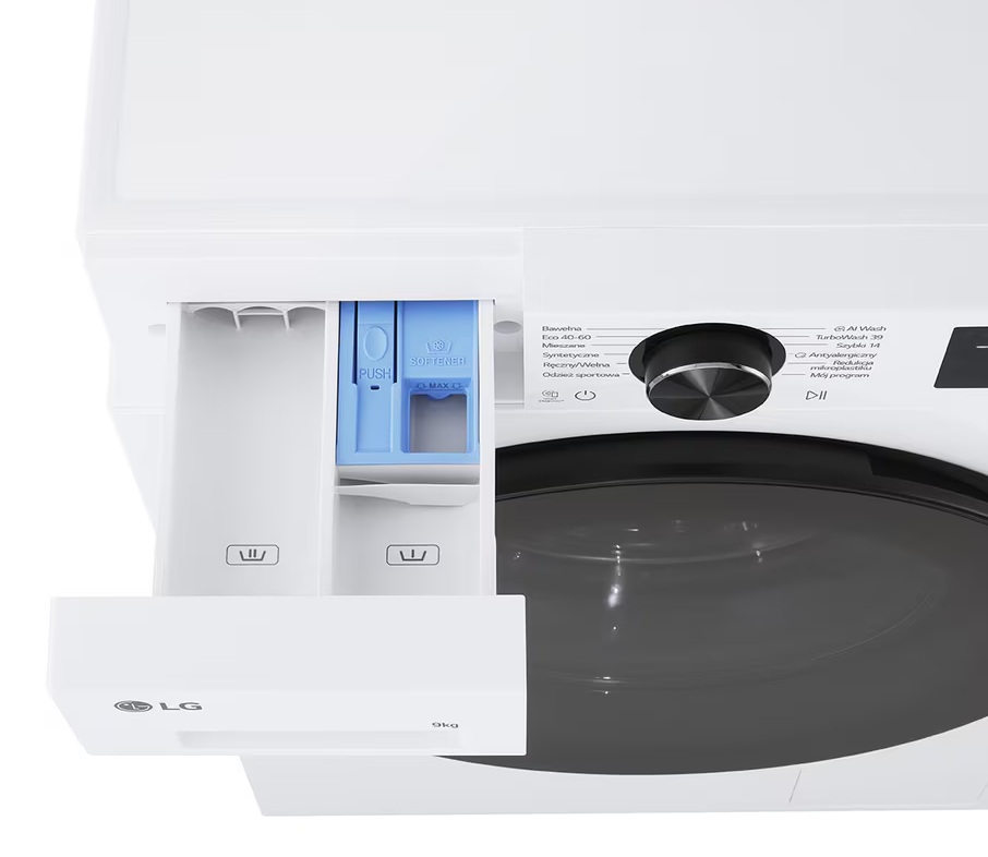 Biała pralka LG z wysuniętą szufladą na detergenty.