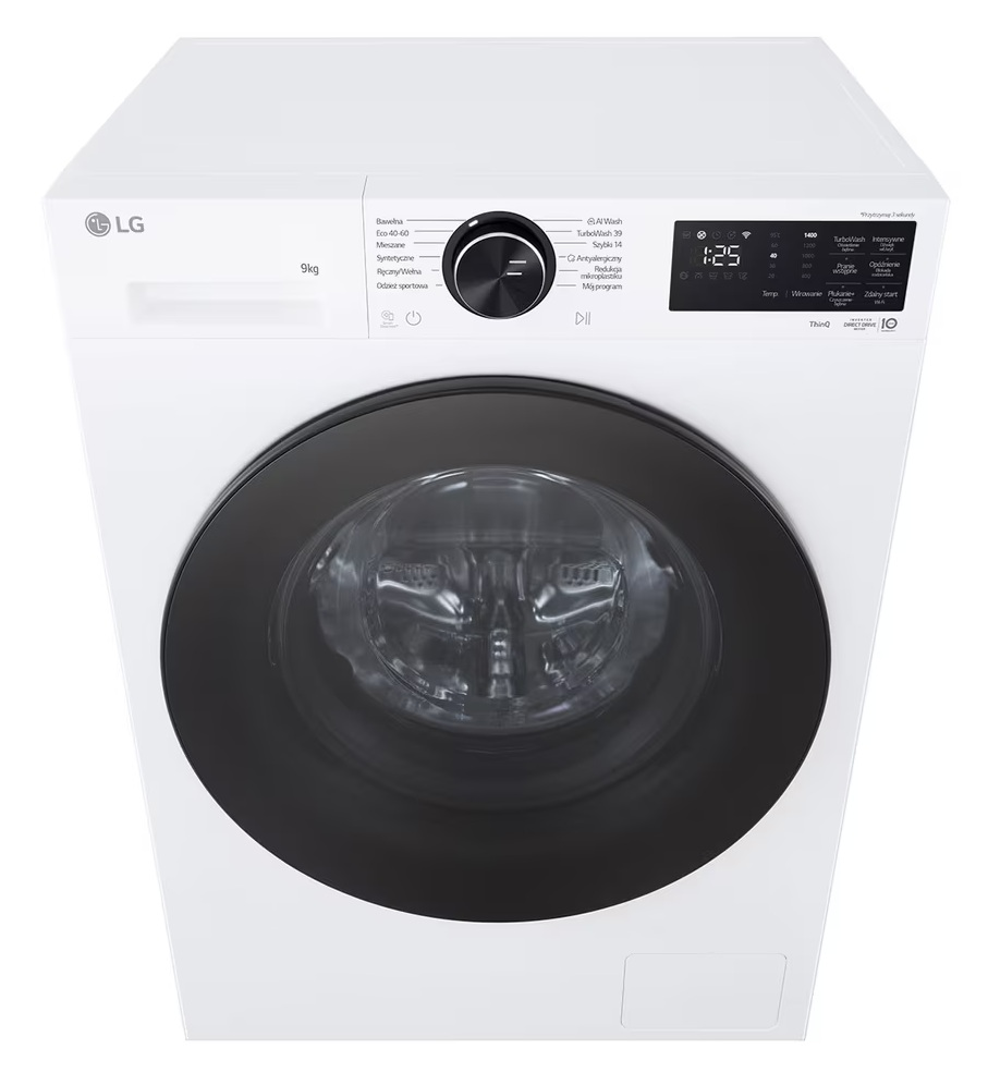 Biała pralka LG z czarnymi drzwiami i cyfrowym wyświetlaczem.