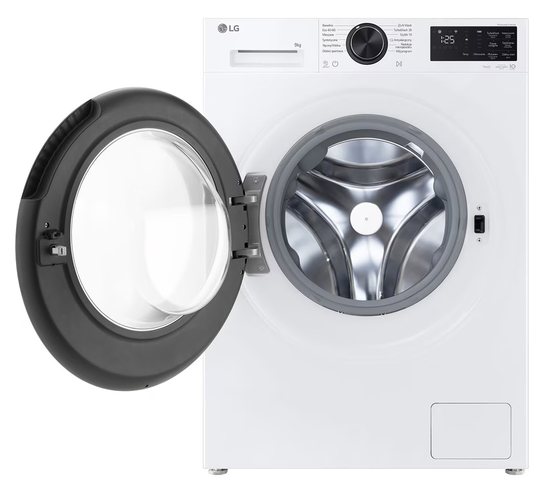 Biała pralka LG z otwartymi drzwiami, widoczny bęben.