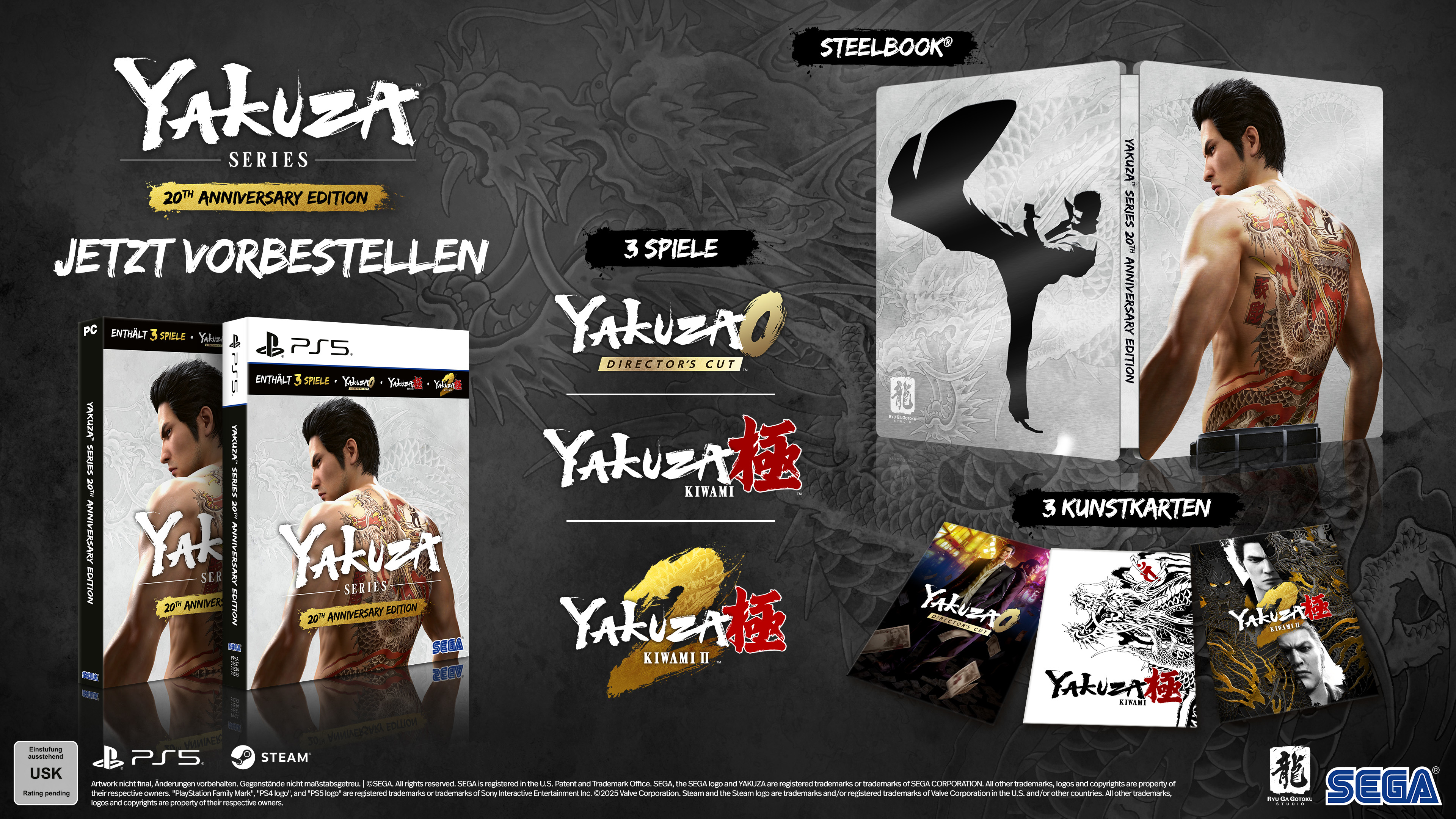 Yakuza Series 20th Anniversary Edition mit Steelbook, PS5 & PC-Spielen und Kunstkarten.