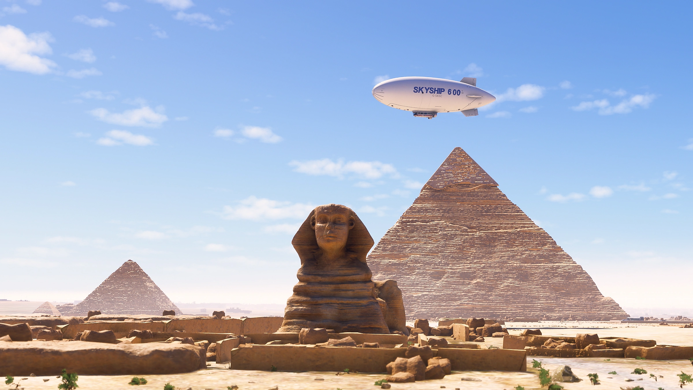 Le Sphinx et les pyramides en Égypte sous un ciel bleu avec un dirigeable.