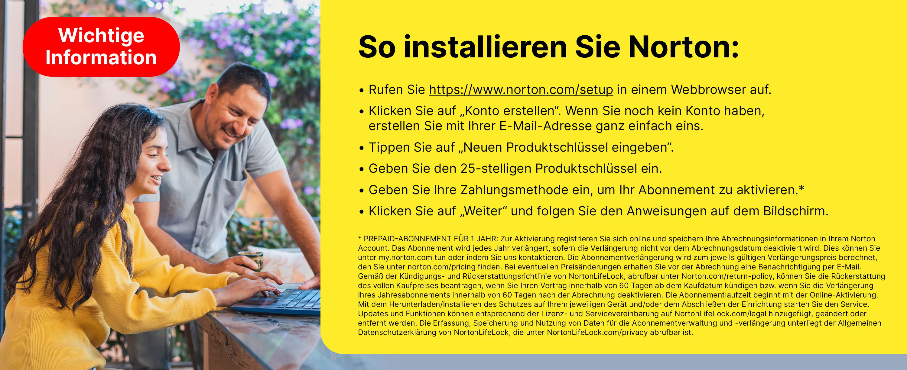 Mann und Mädchen schauen auf Laptop. Roter Kasten mit "Wichtige Information".