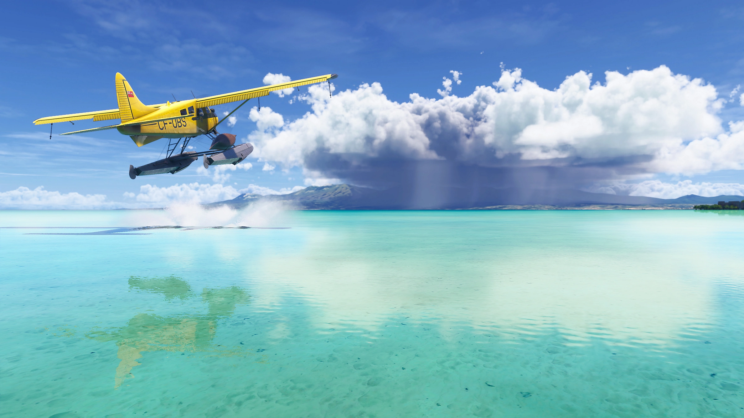 Un hydravion jaune décolle de l'eau turquoise.