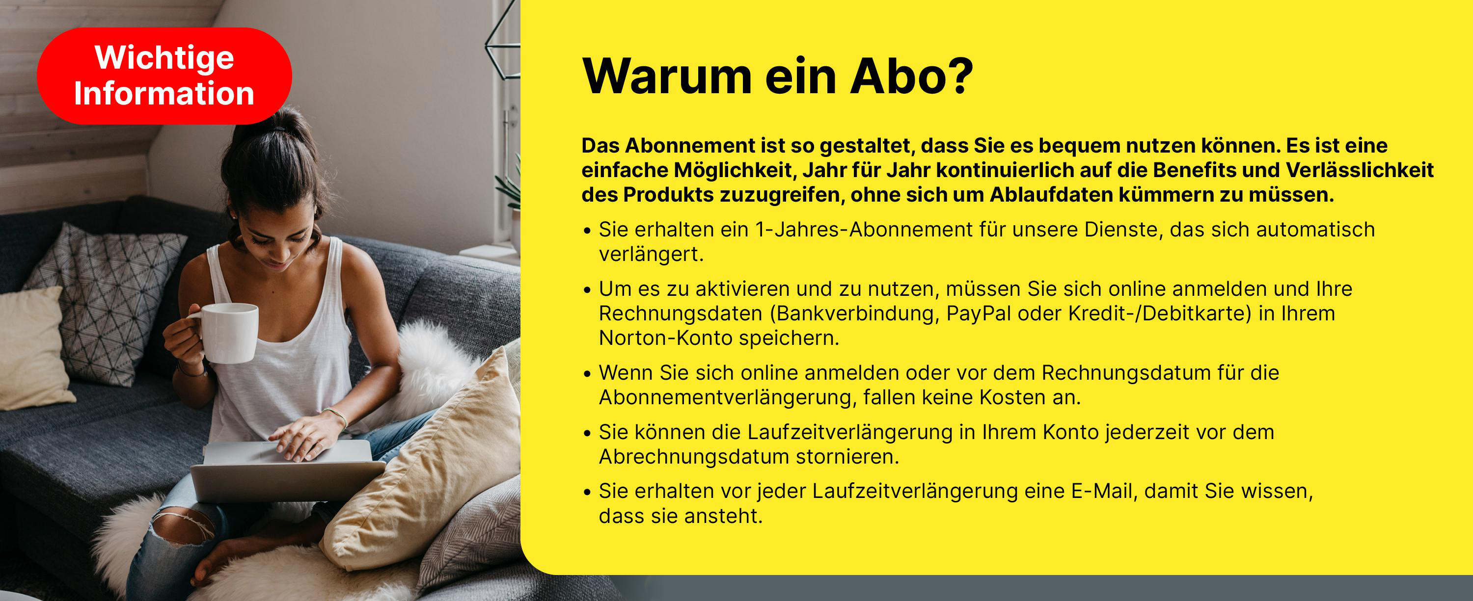 Frau mit Tasse am Laptop mit Text über Abonnements.