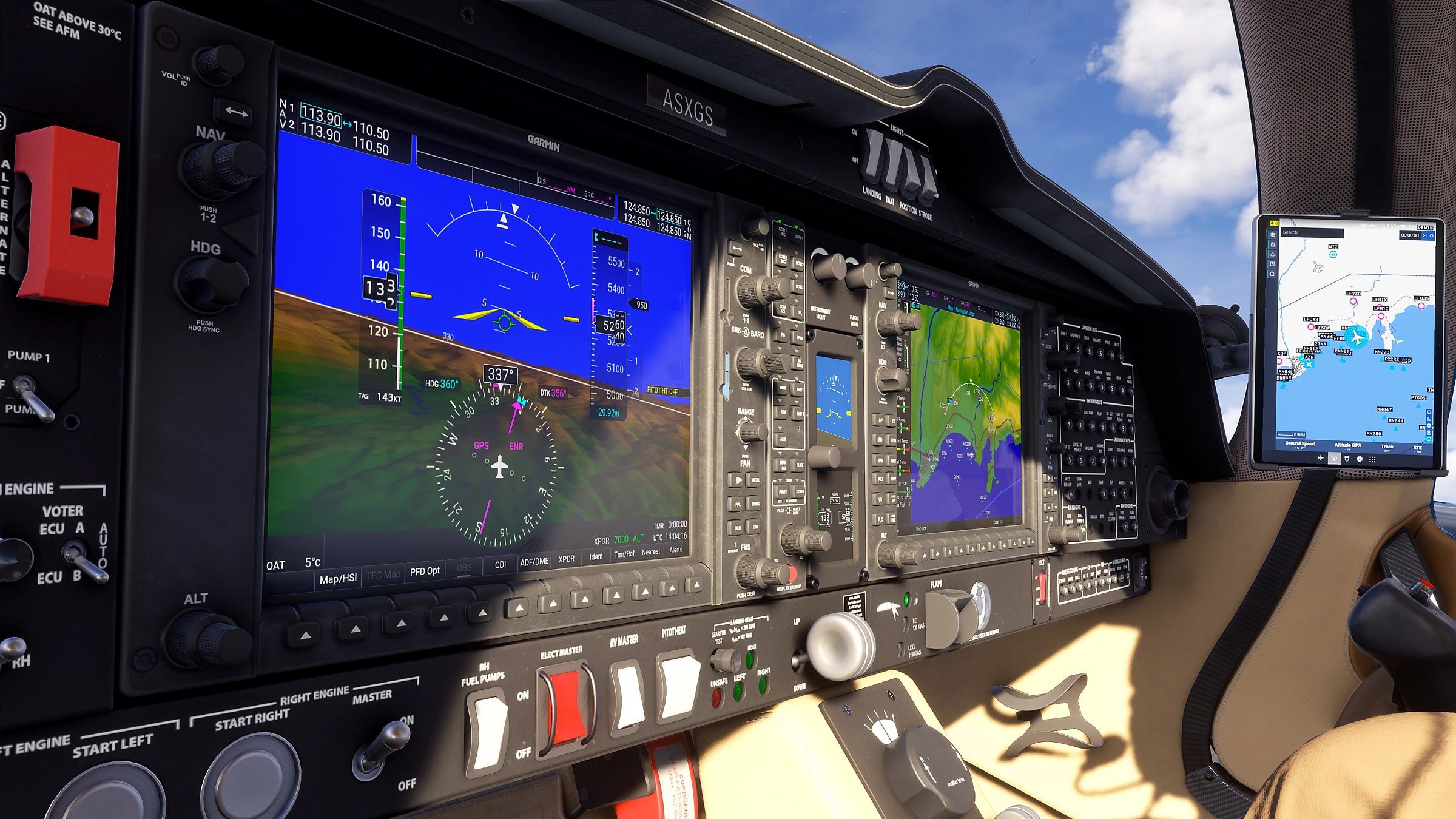 Vue du cockpit avec écrans, boutons et interrupteurs, ciel à l'extérieur.