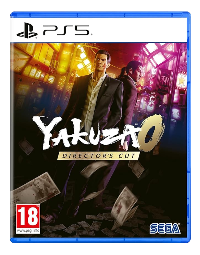 PS5 Spielcover mit zwei Männern vor Neonlichtern, Geld fliegt.