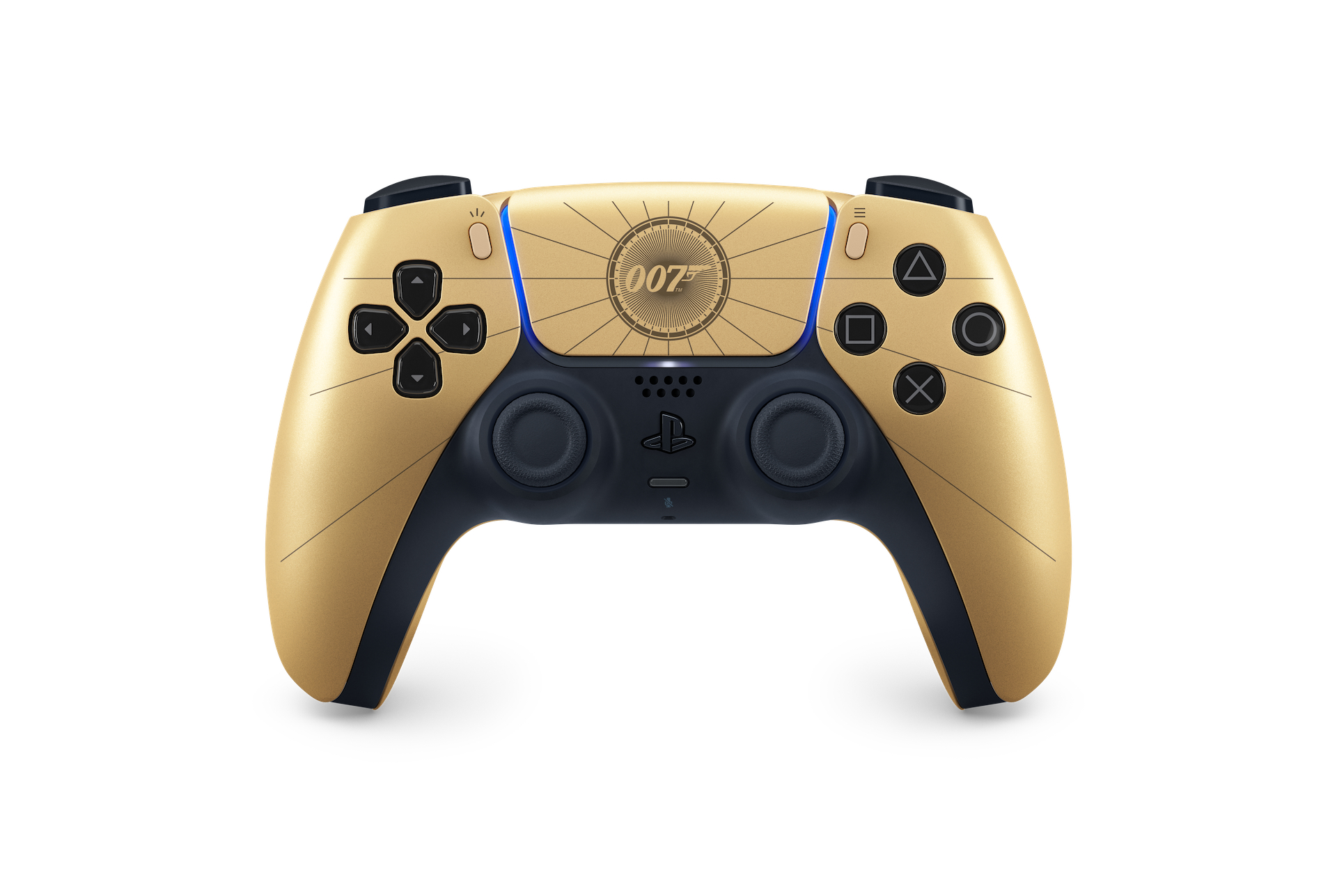 Goldene PS5-Controller mit 007-Logo und blauen Akzenten.