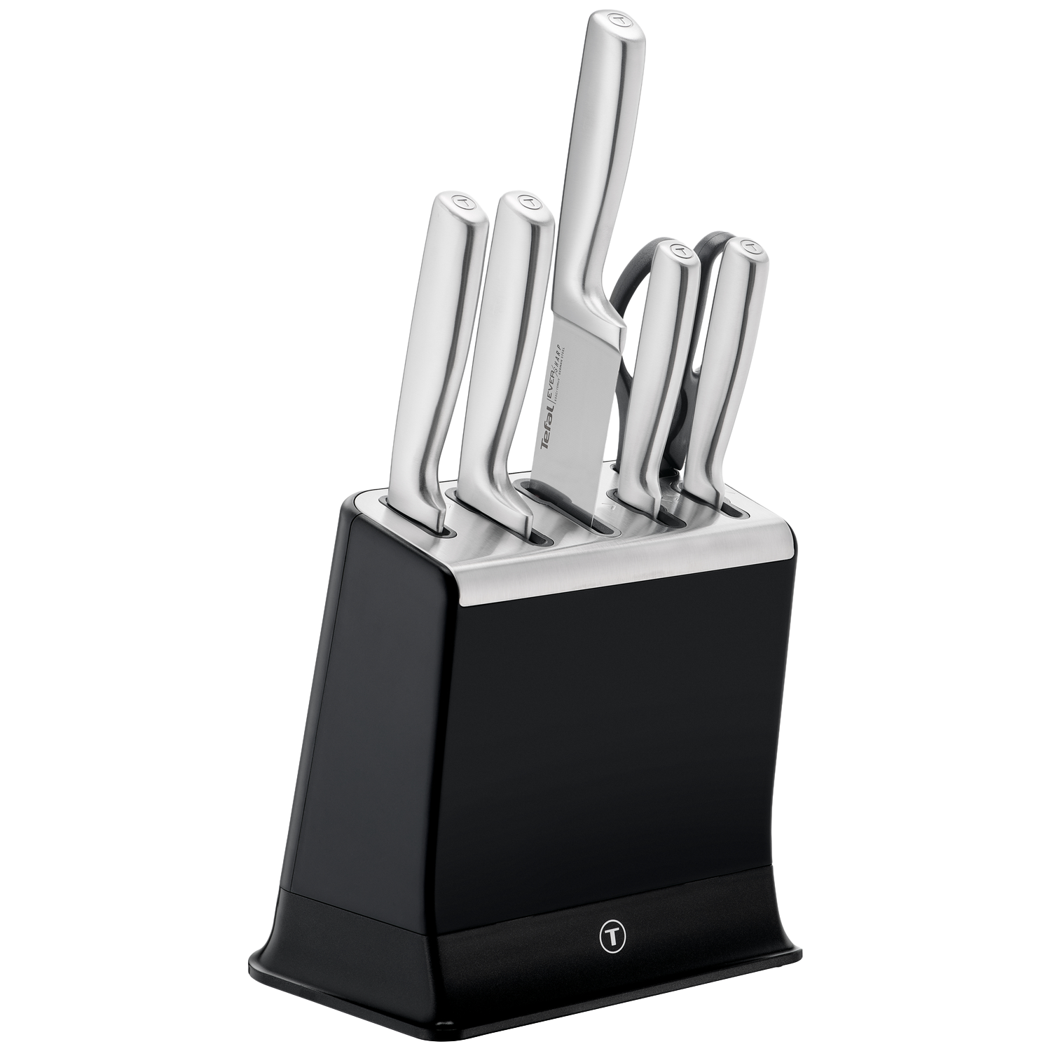 Een set zilverkleurige messen met metalen handvatten in een zwarte messenhouder.
