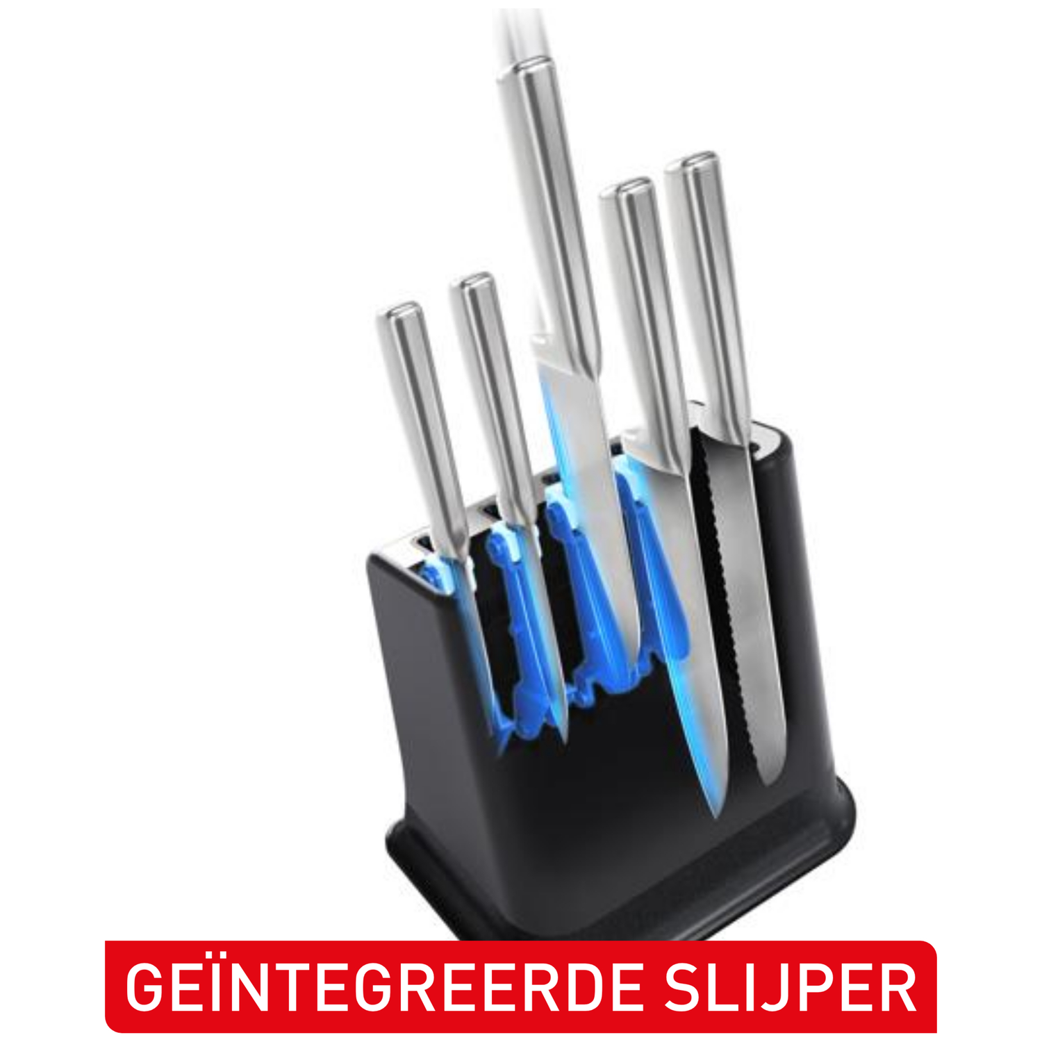 Een zwarte messenblok met meerdere messen met zilveren handvatten en bladen.