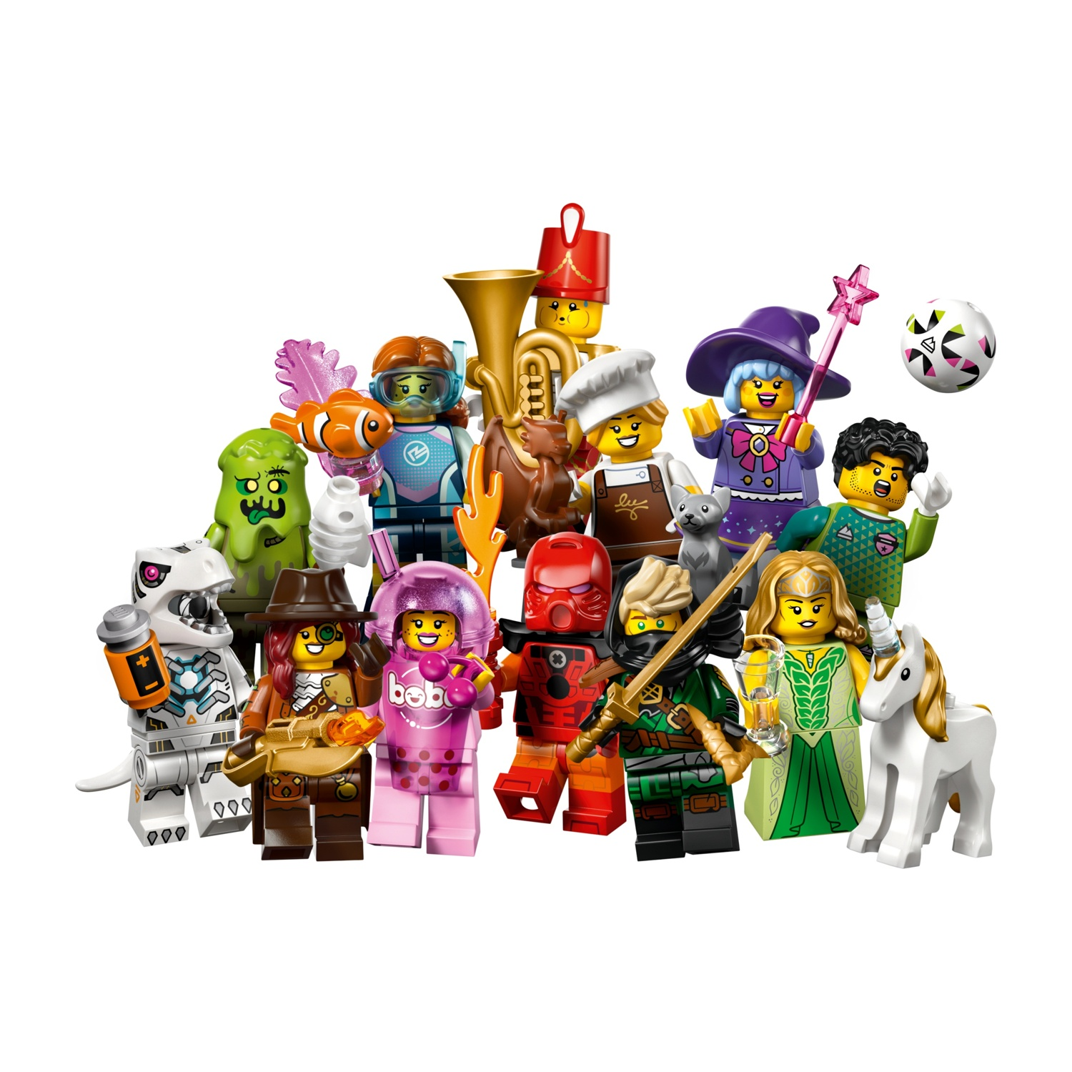 Un gruppo di colorate minifigure Lego in vari costumi e accessori.