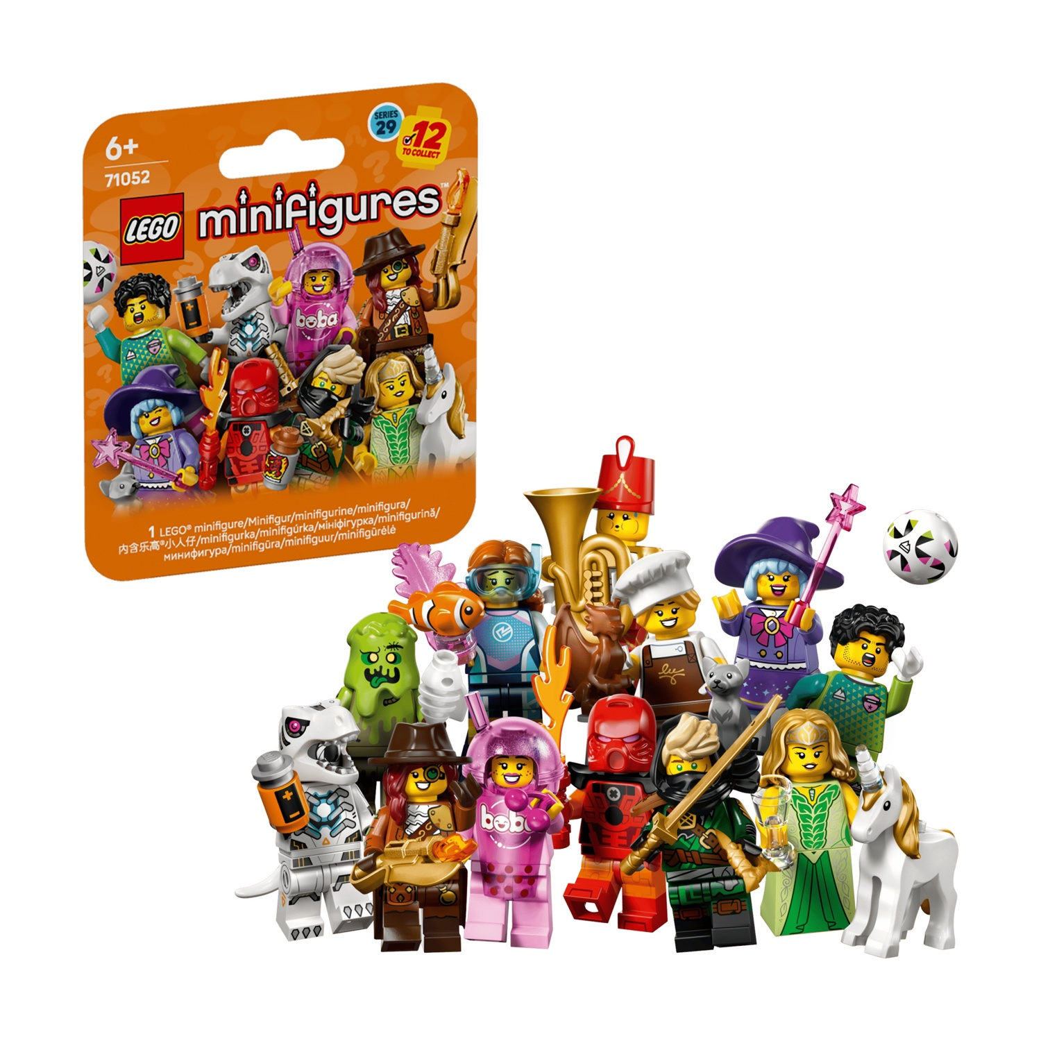 Esposizione LEGO Minifigures Serie 29 con vari personaggi e un unicorno bianco.