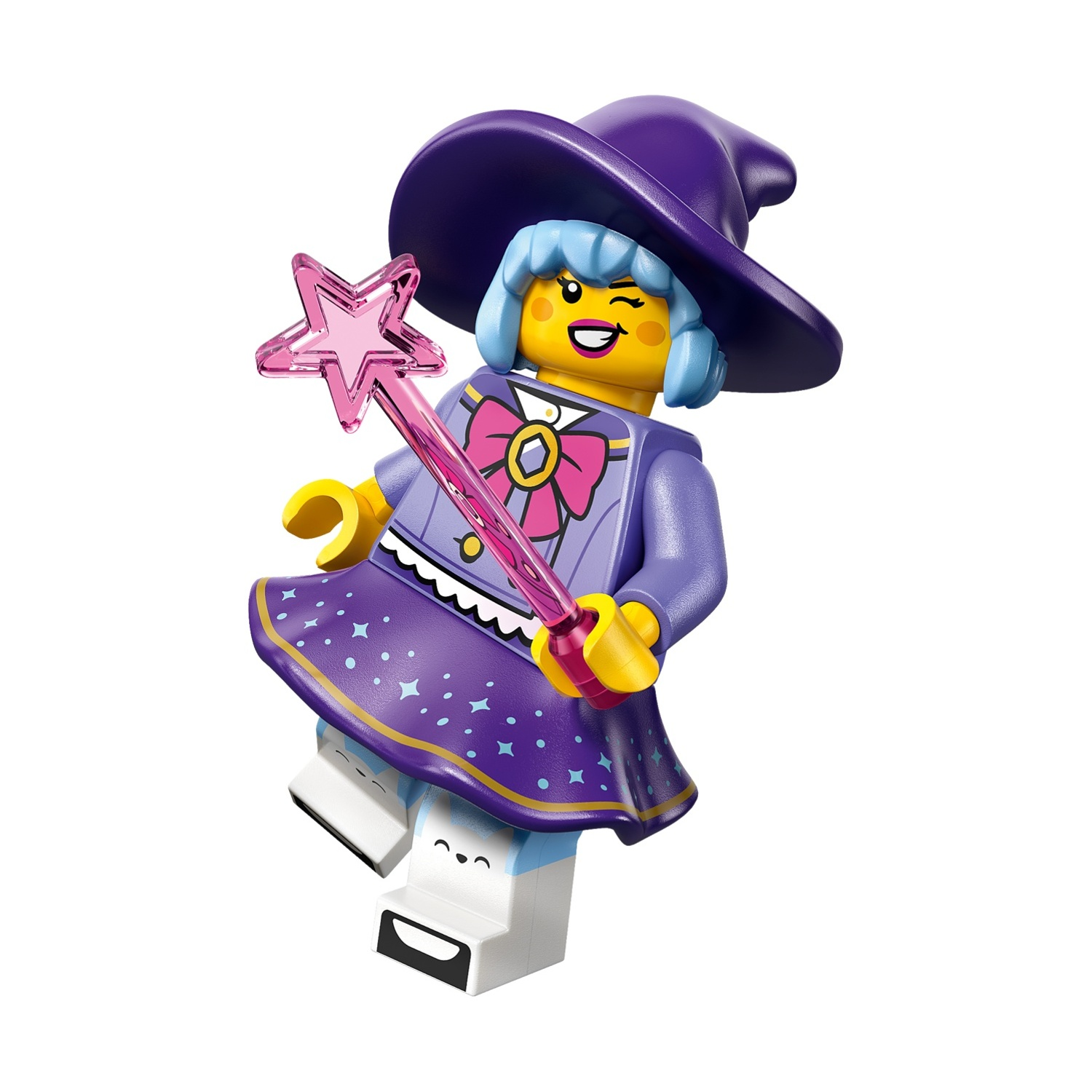 Strega Lego con cappello viola, capelli blu, bacchetta e vestito stellato.
