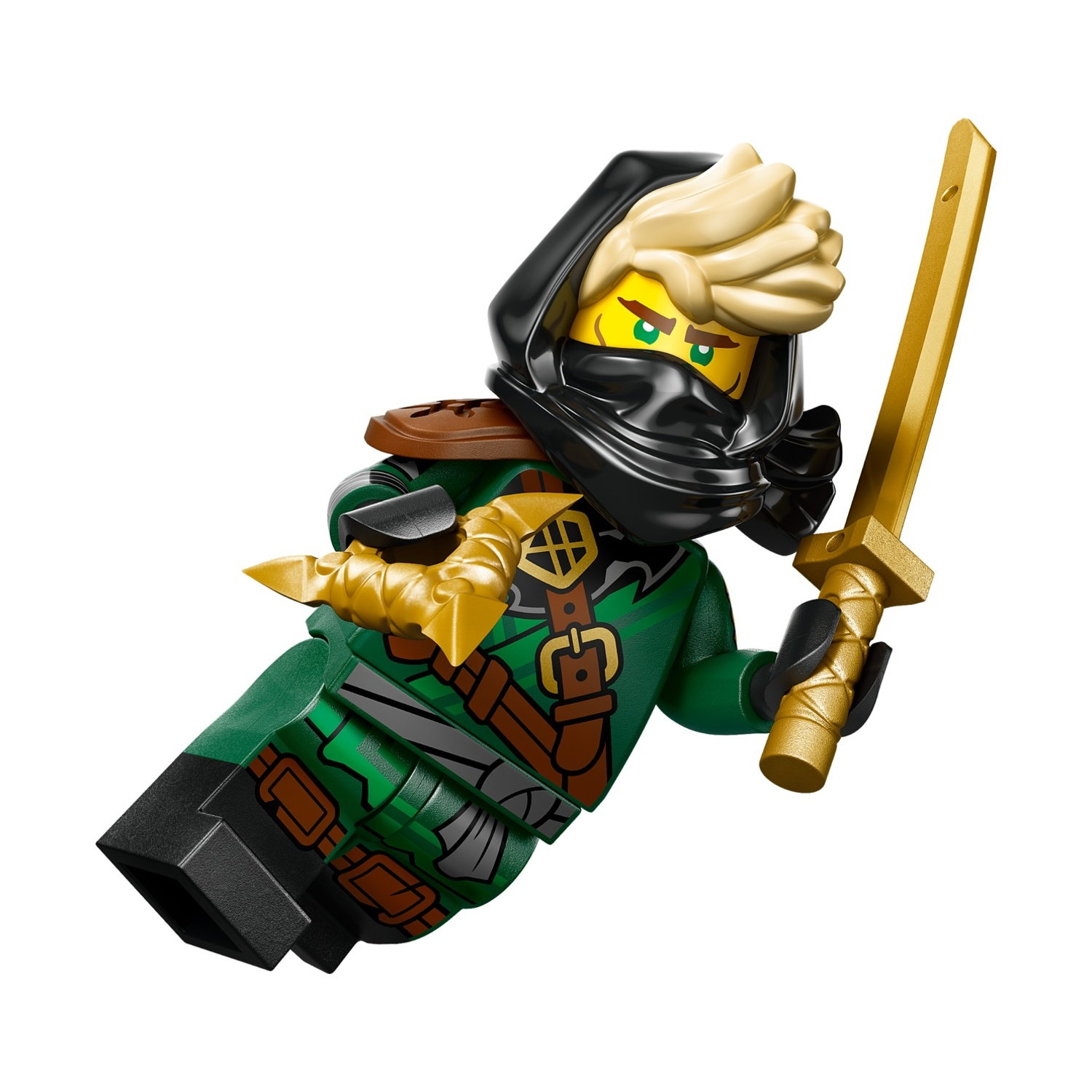 Un ninja Lego verde con spada d'oro e cappuccio, su sfondo bianco.