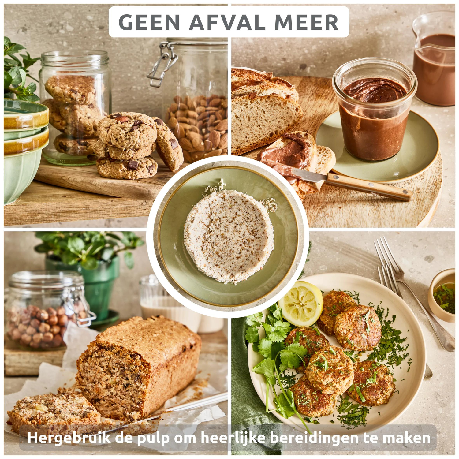 Collage van vier afbeeldingen: koekjes, brood met chocopasta, brood, frikadellen.