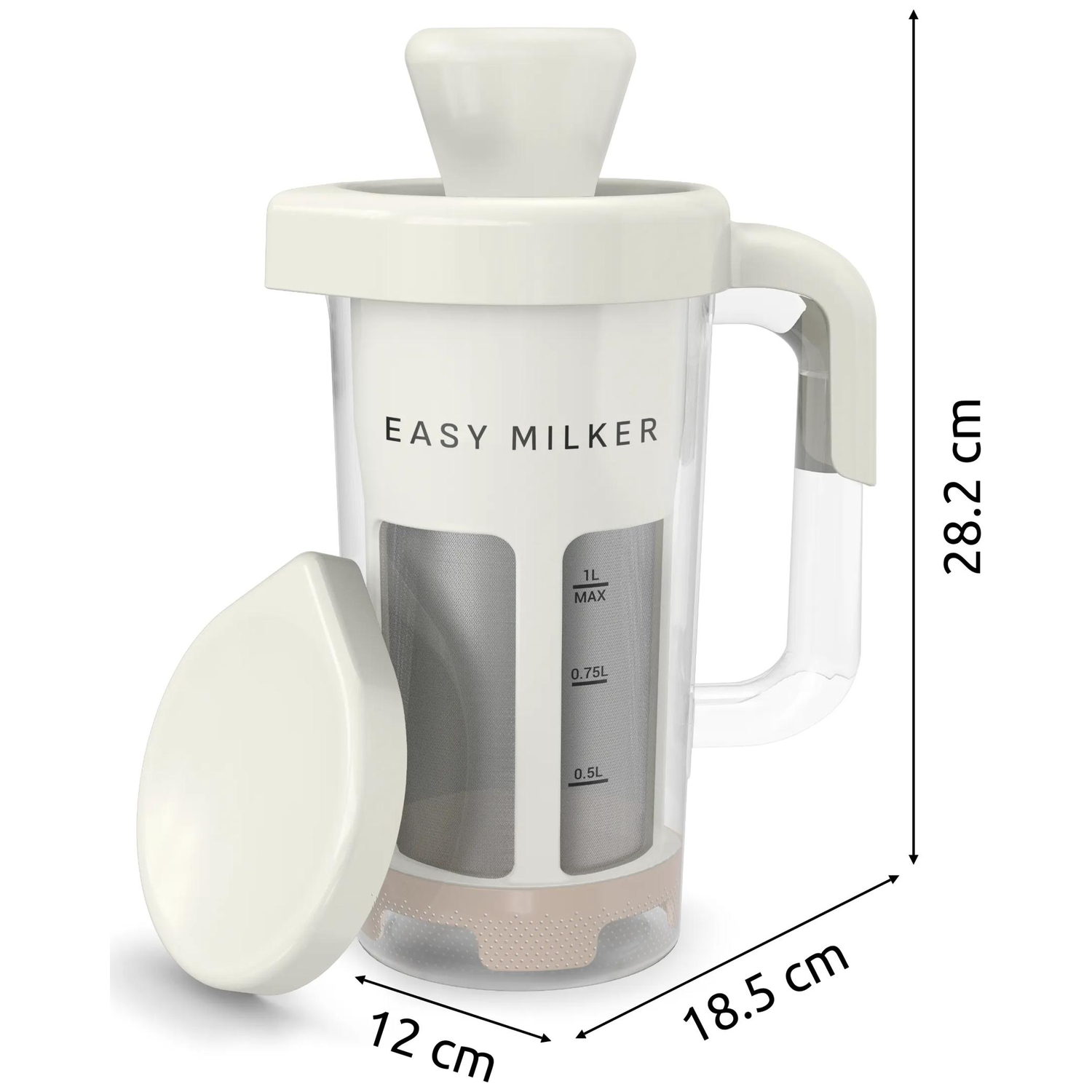 Een witte melkopschuimer met 1L-markering, 28,2 cm hoog en 18,5 cm breed.