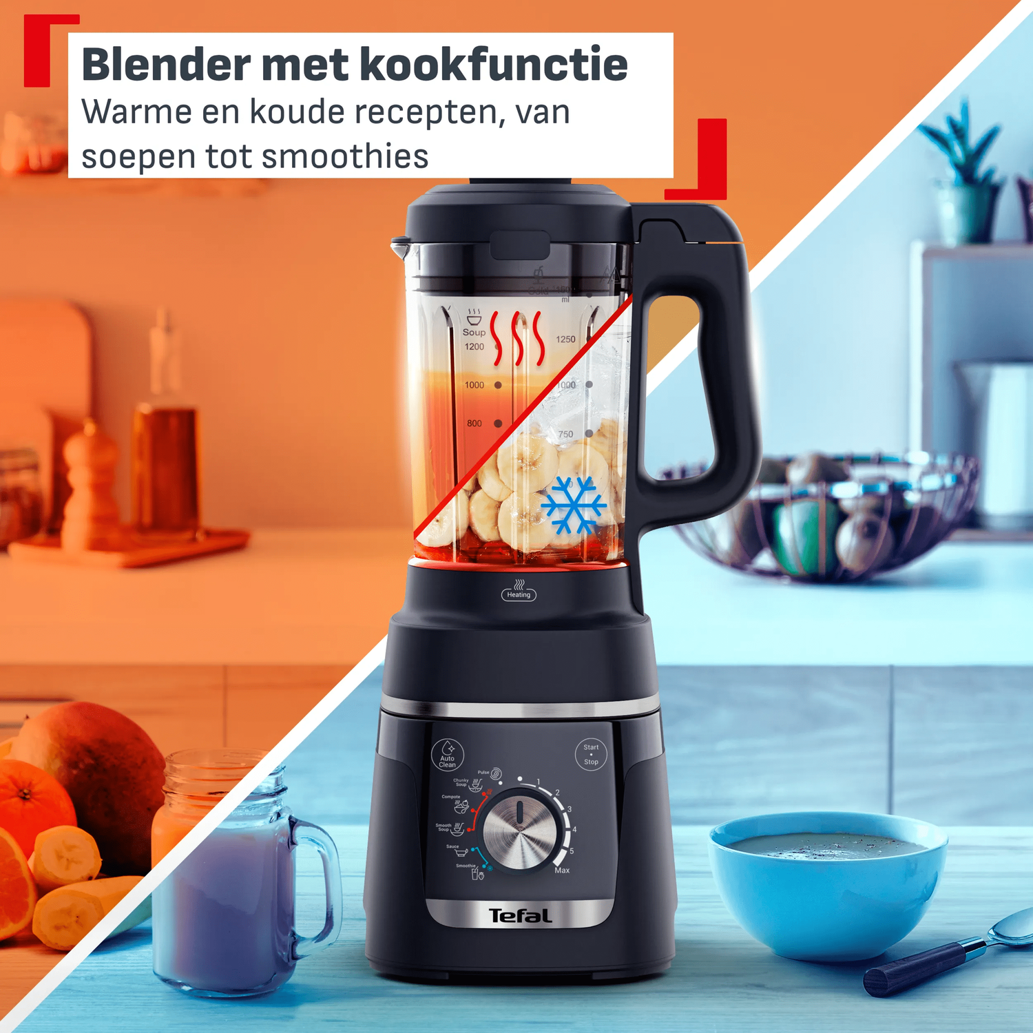 Een Tefal blender met kookfunctie, gevuld met bananen en ijs, naast fruit en soep.