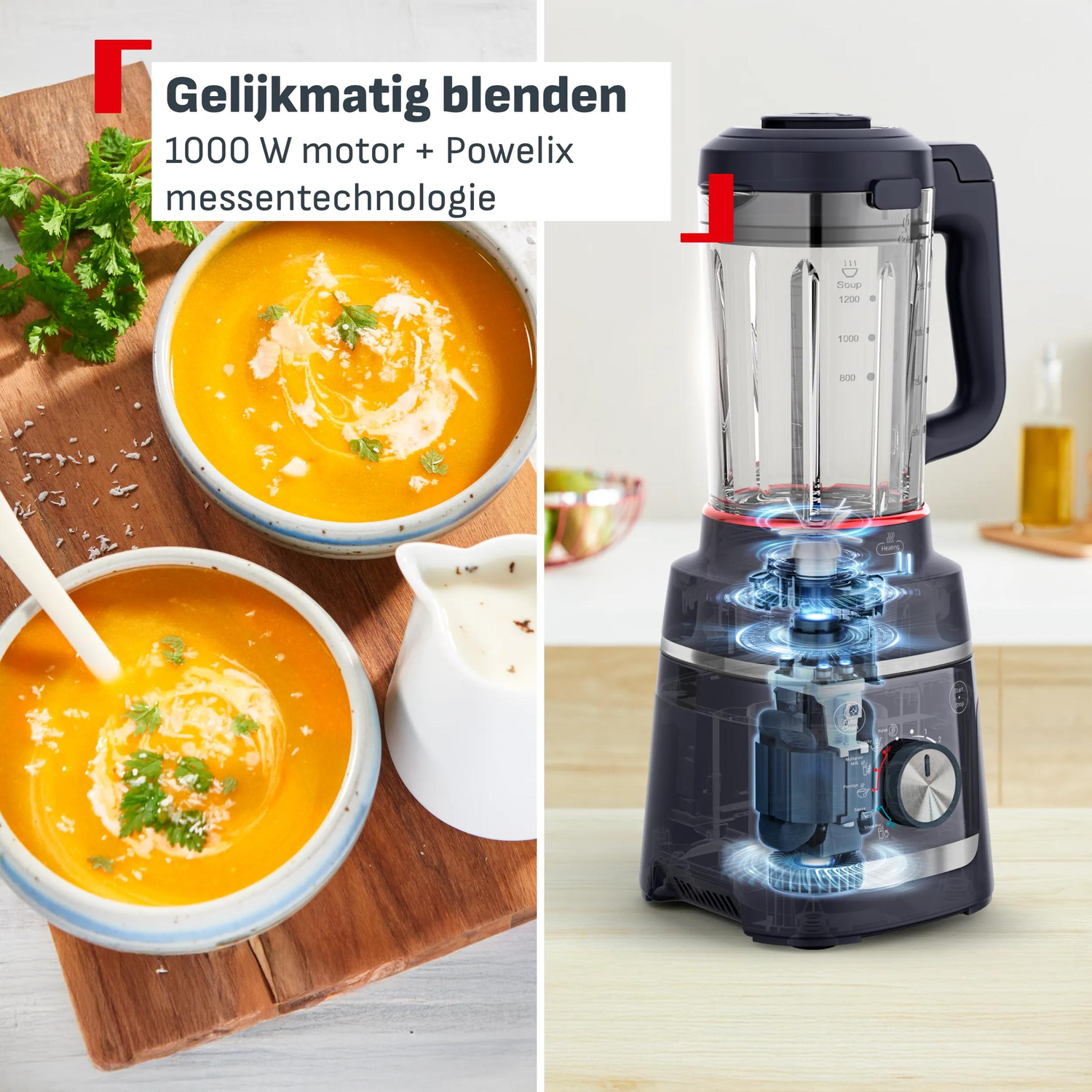 Een 1000W motor blender met Powelix mes technologie naast twee kommen wortelroomsoep.