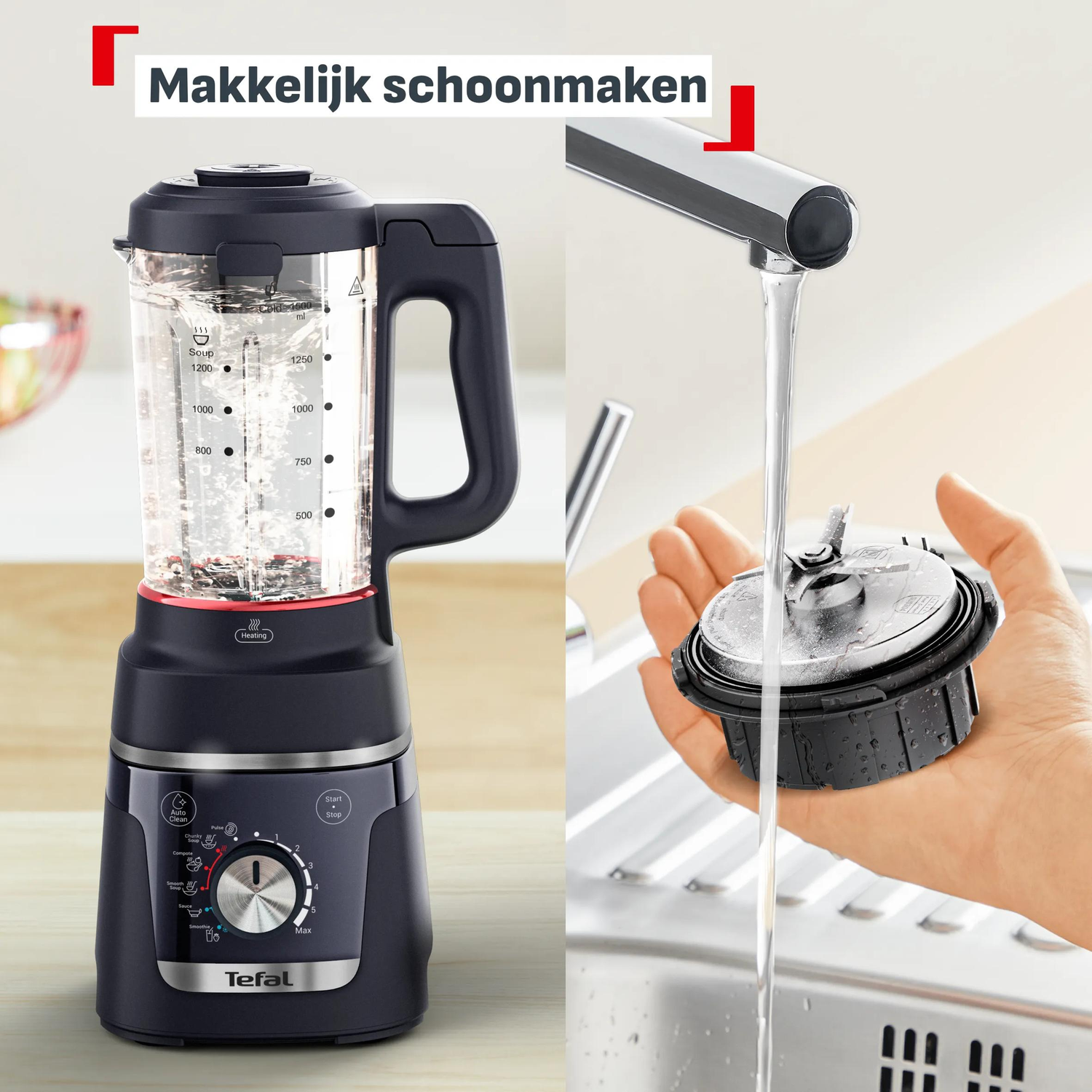 Een donkere blender met glazen kan en water, naast een deksel onder stromend water.