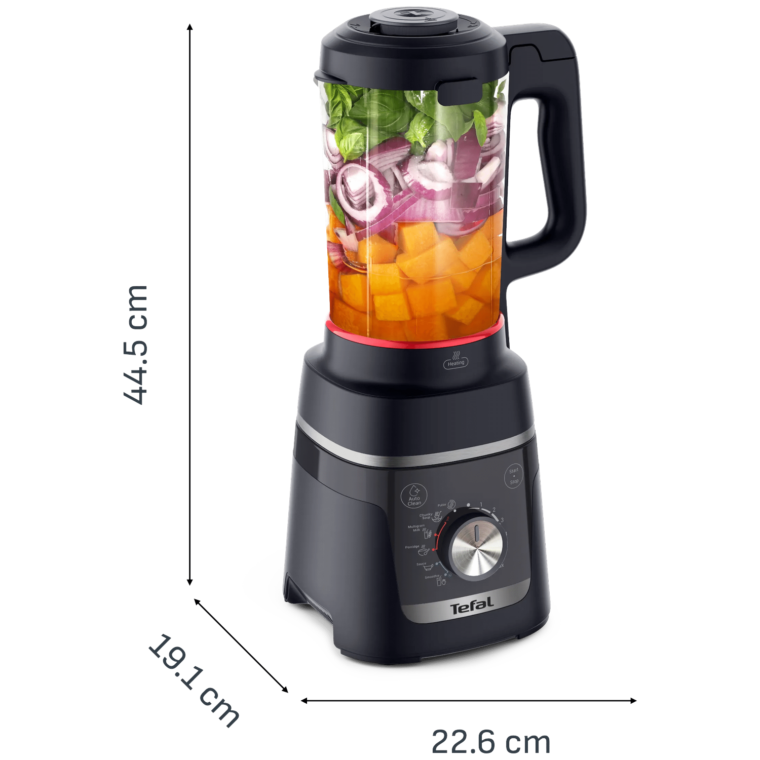 Een zwarte Tefal blender gevuld met pompoen, rode ui en spinazie. Afmetingen getoond.