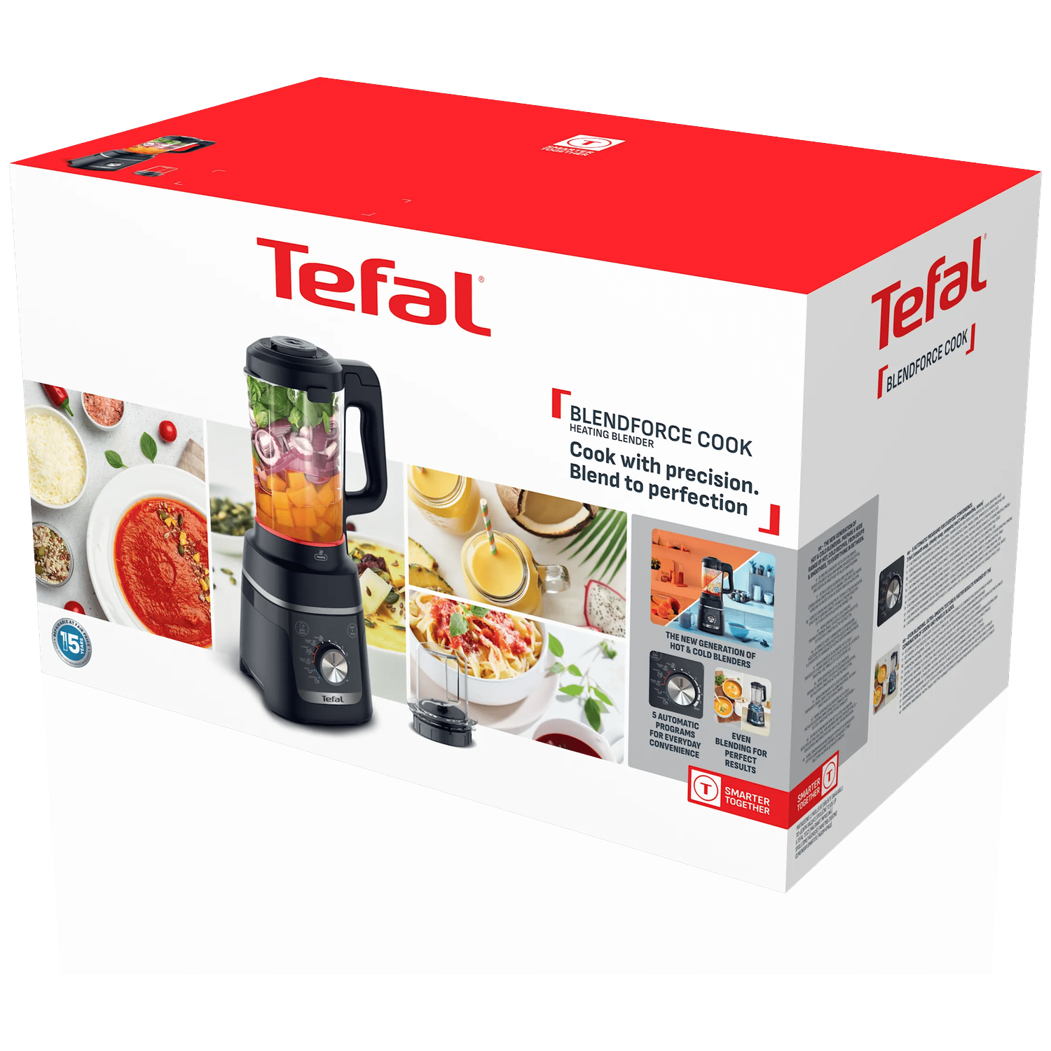 Tefal Blendforce Cook verwarmende blender doos, met eten en de blender erop.