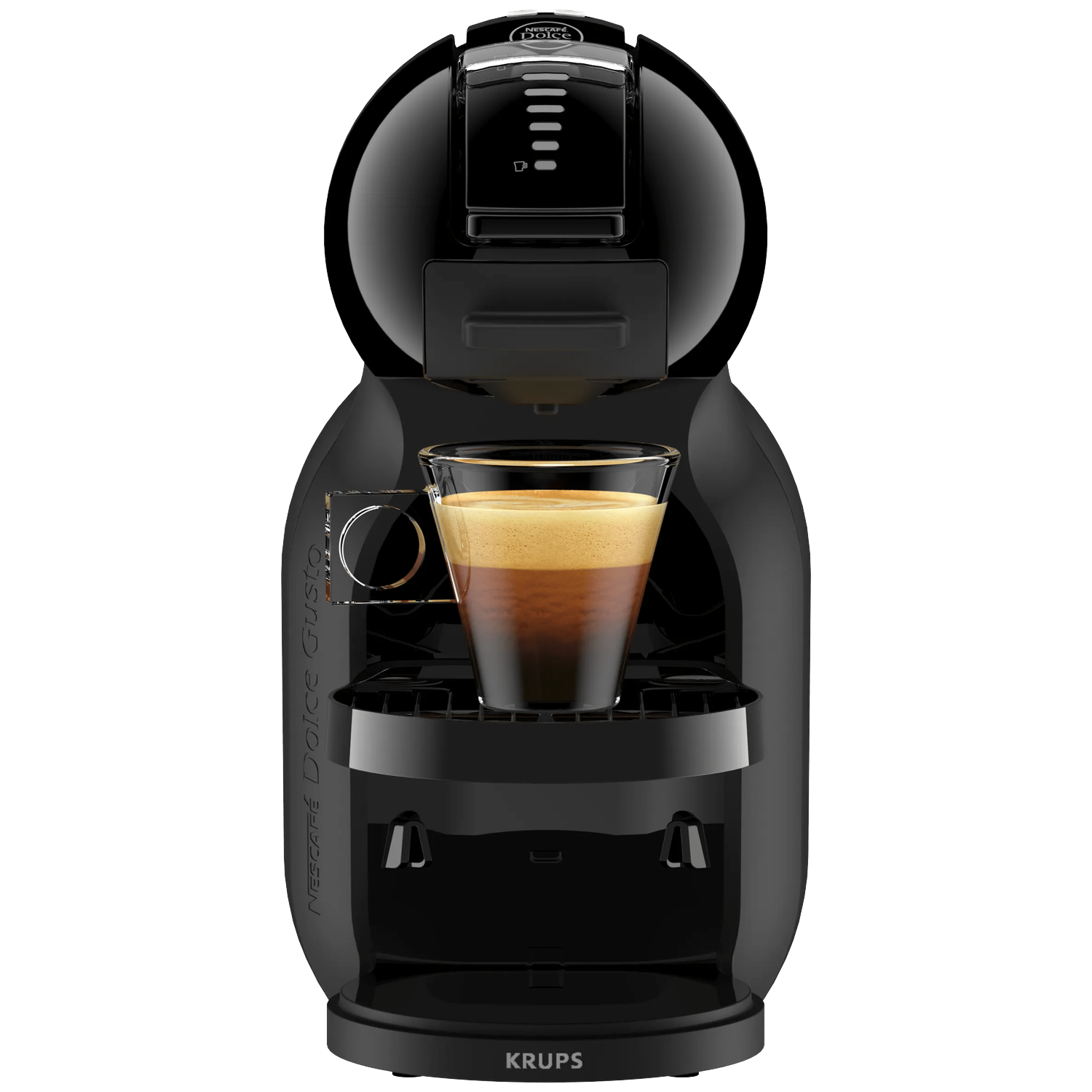 Black coffee machine with a cup of espresso on it.