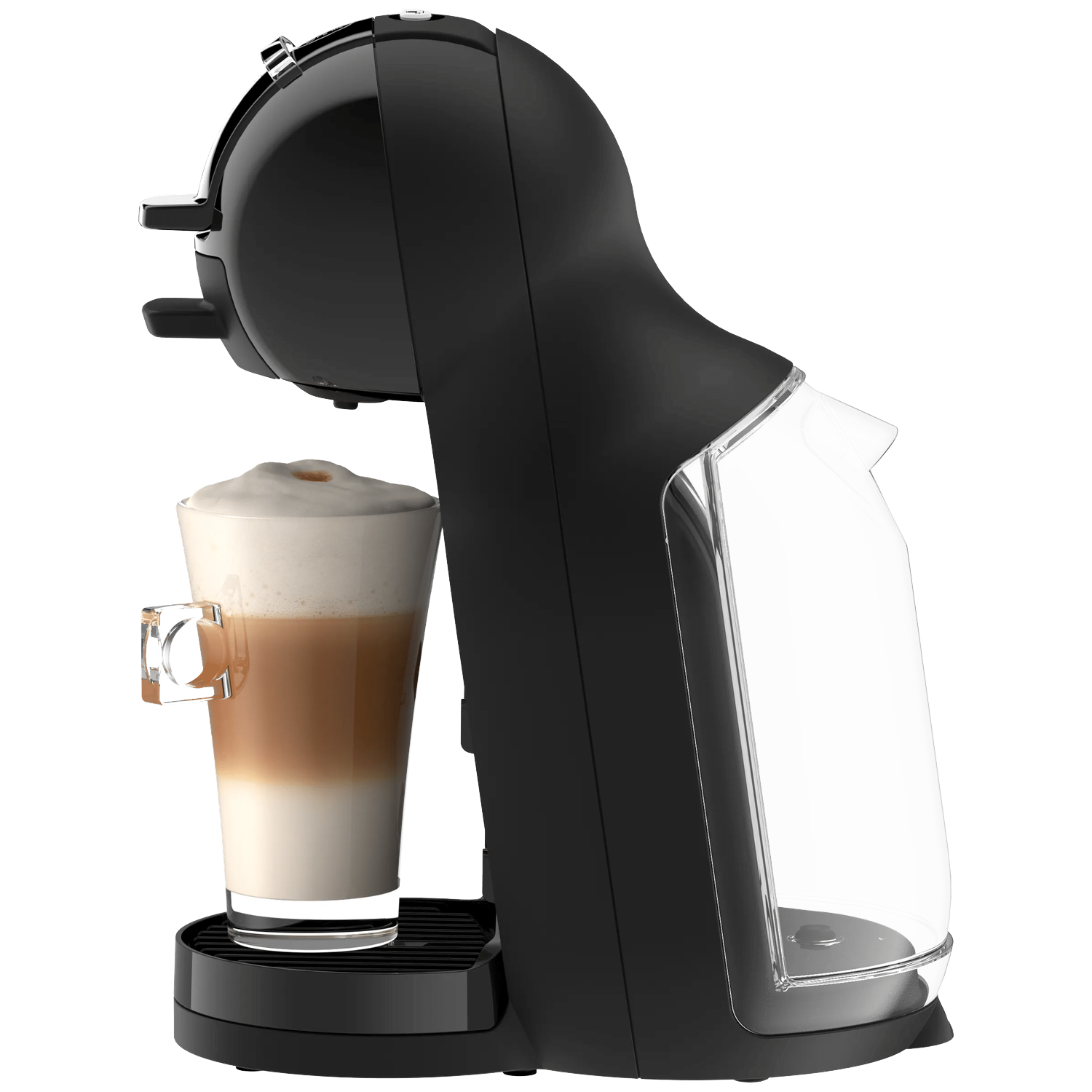 Black coffee machine with a glass of latte macchiato next to it.