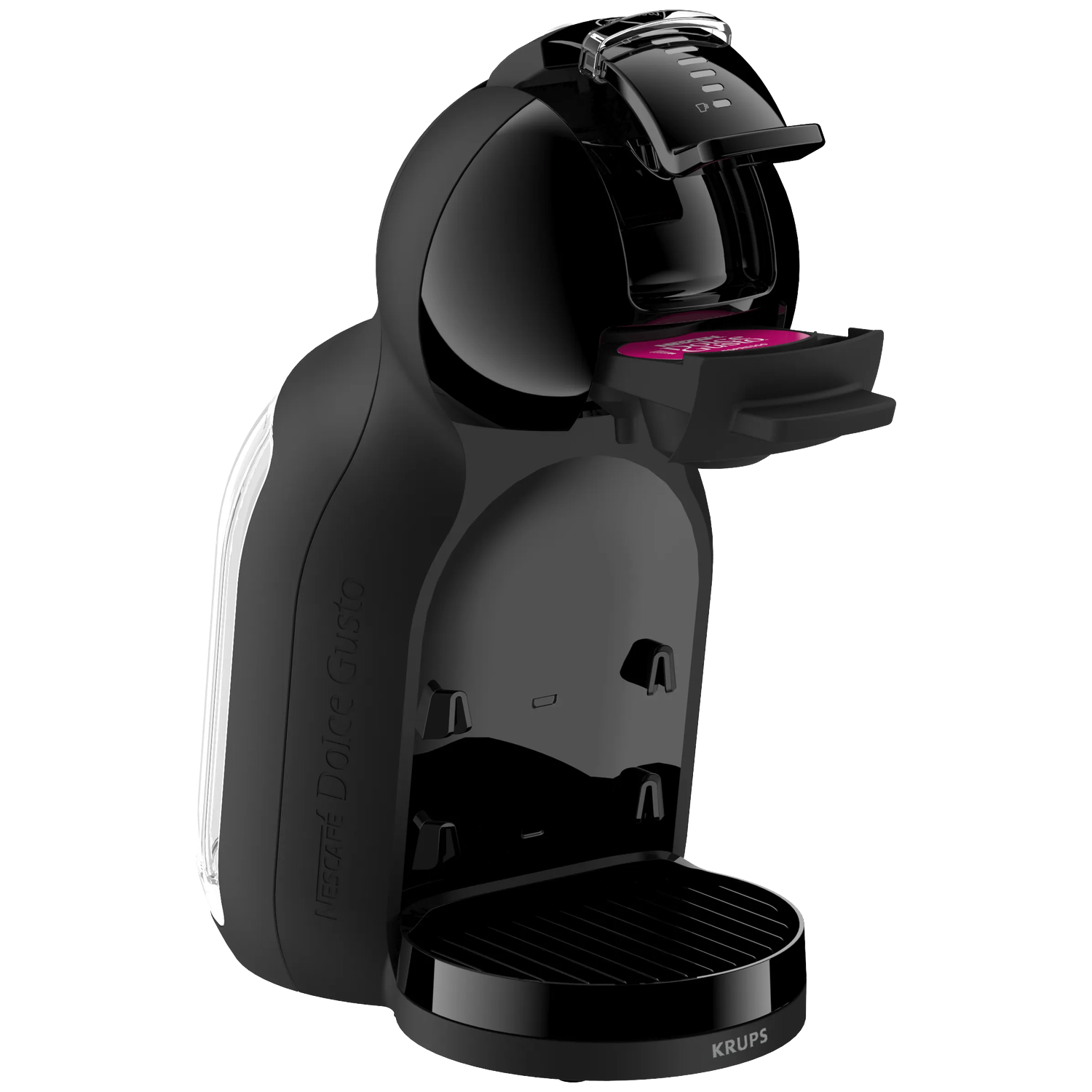 Black Nespresso coffee machine with a pink capsule.
