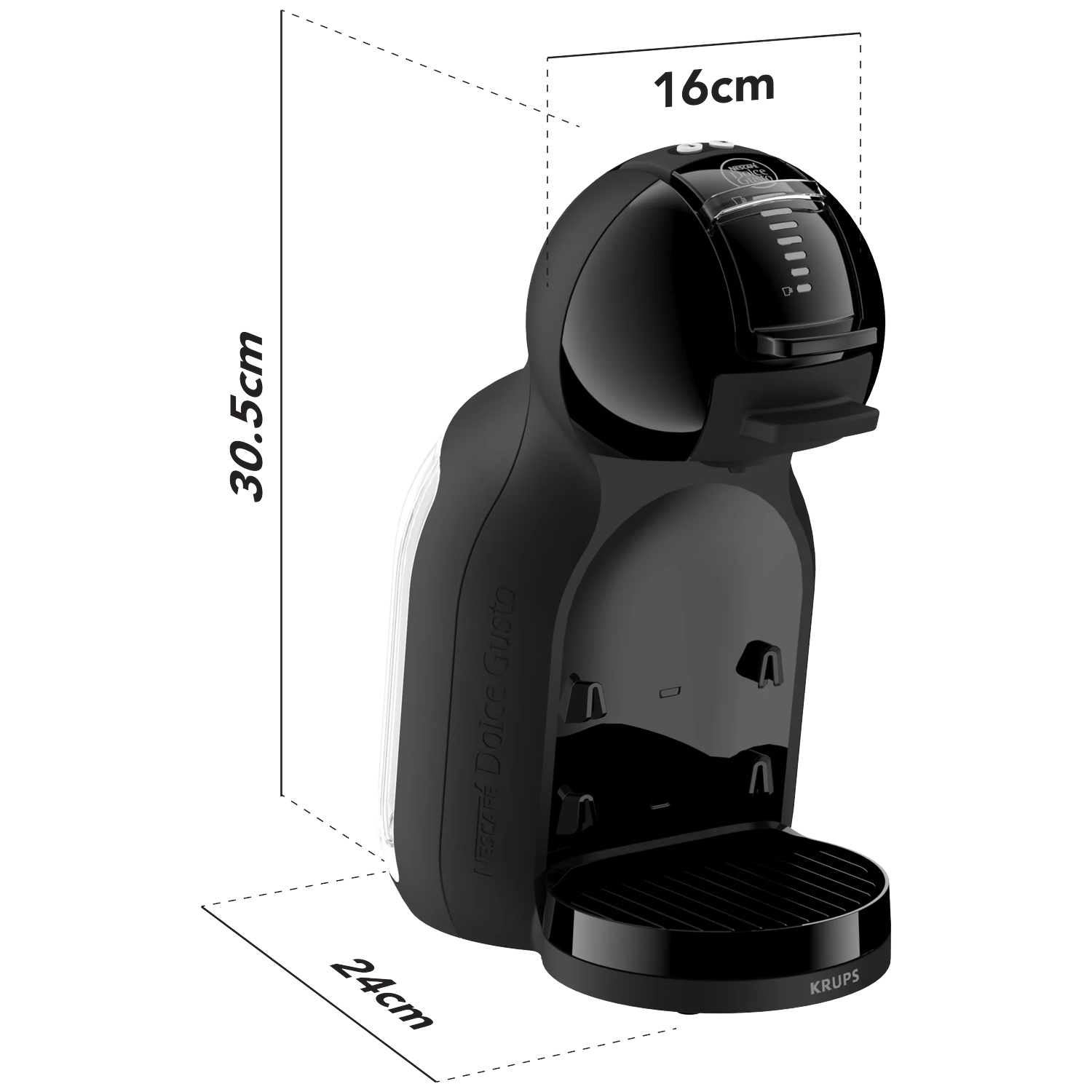 Black coffee machine with dimensions 30.5x16x24cm. Krups Dolce Gusto.