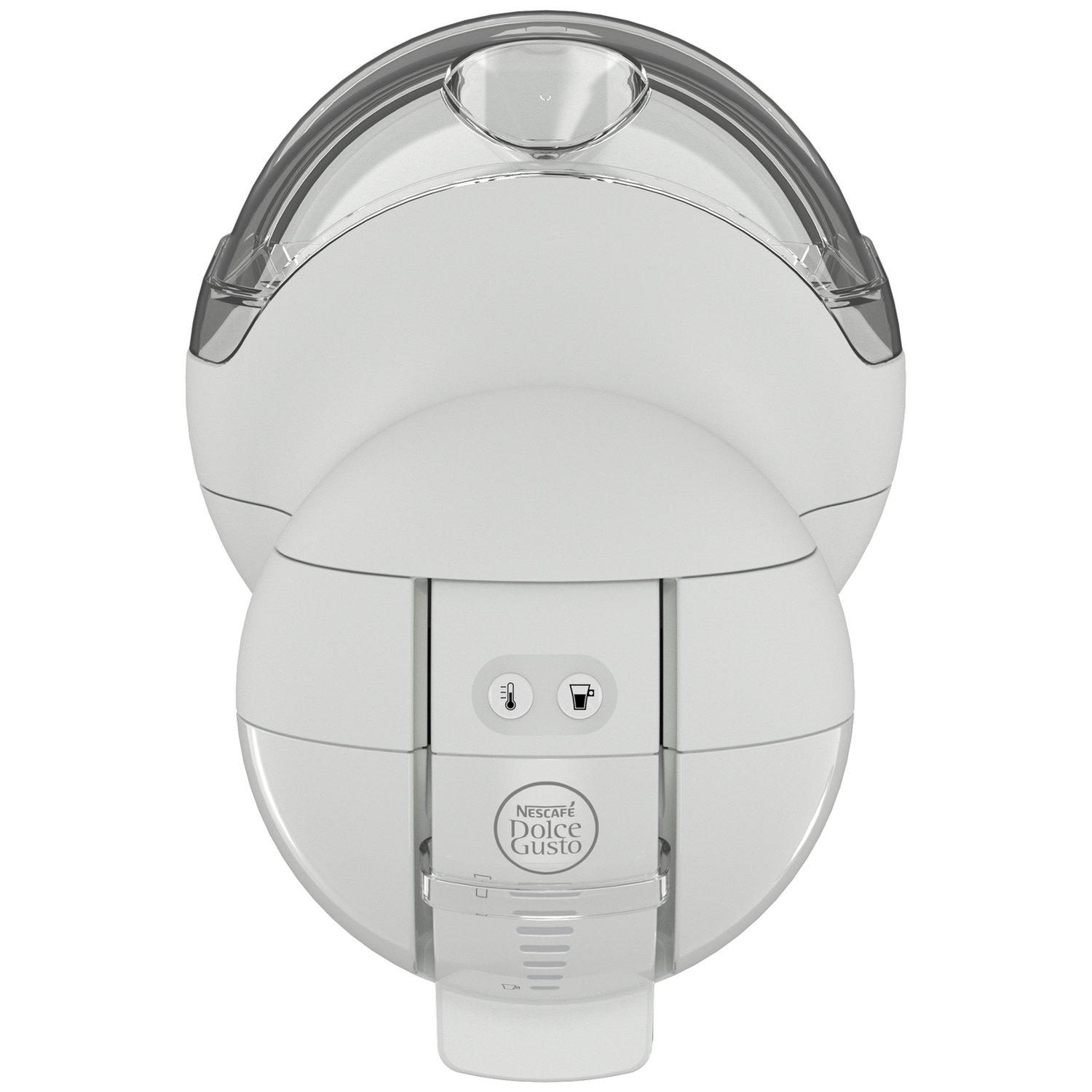 Witte capsule koffiezetapparaat met transparant deksel en bedieningsknoppen.