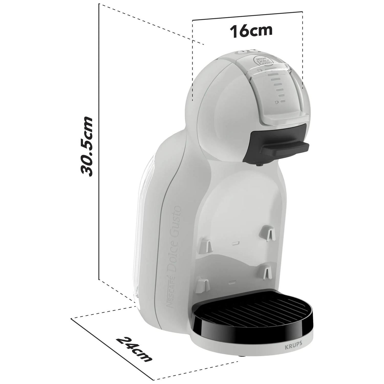 Witte koffiemachine met afmetingen: 30,5cm hoog, 16cm breed, 24cm diep.