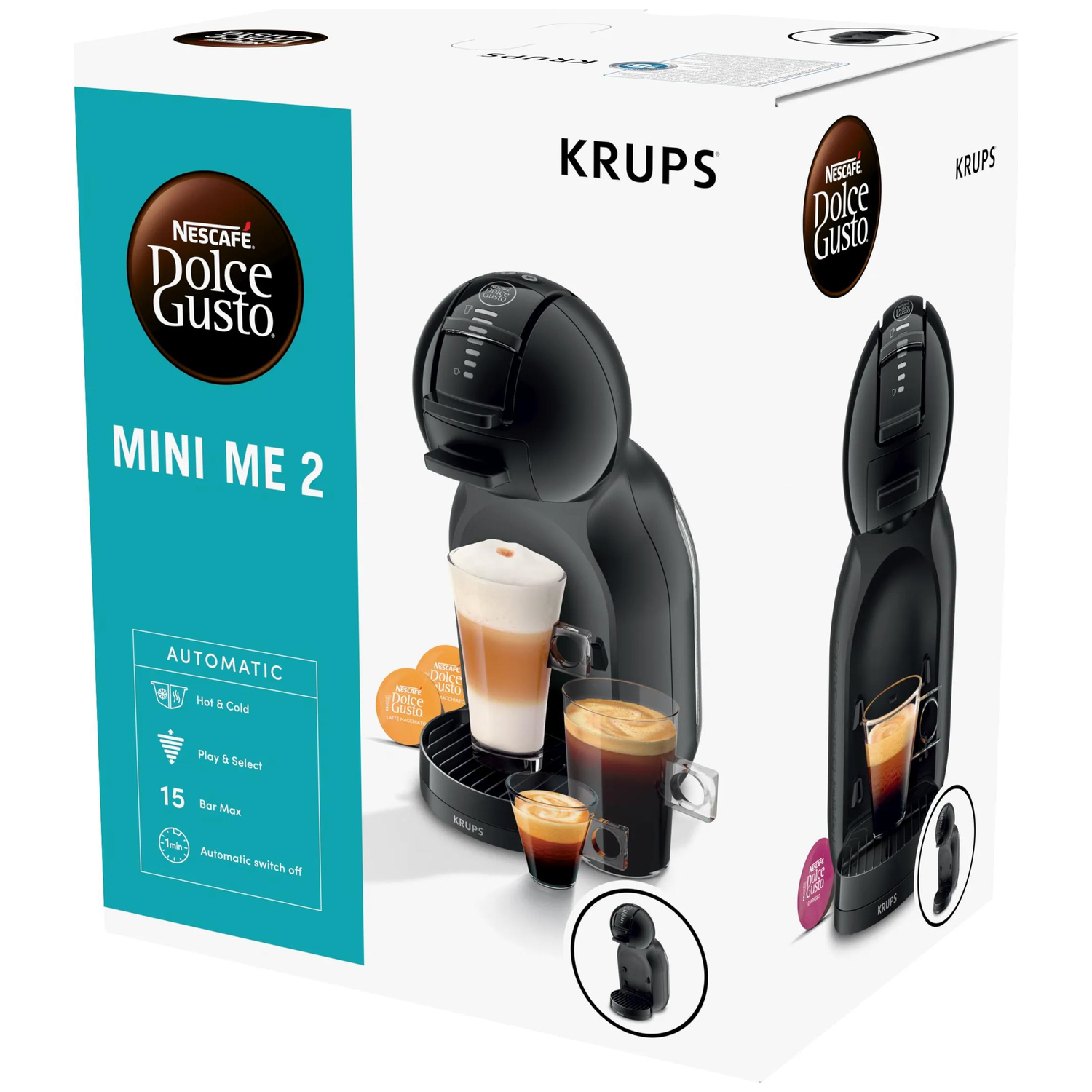 Verpakking van een zwarte Nespresso Dolce Gusto Mini Me 2 koffiezetapparaat met koffie in glazen.