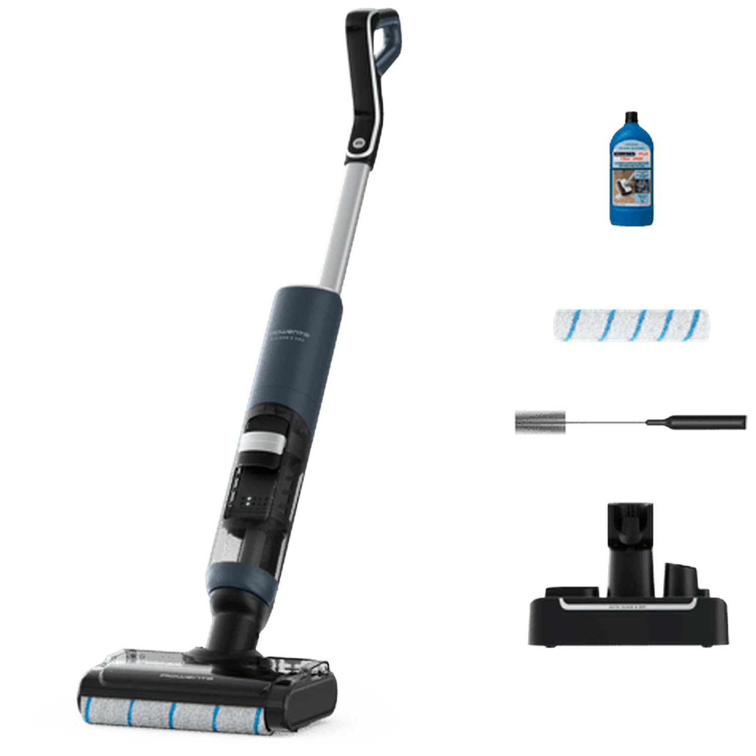 Cordless wet/dry vacuum with accessories: bottle, brush, charging station.