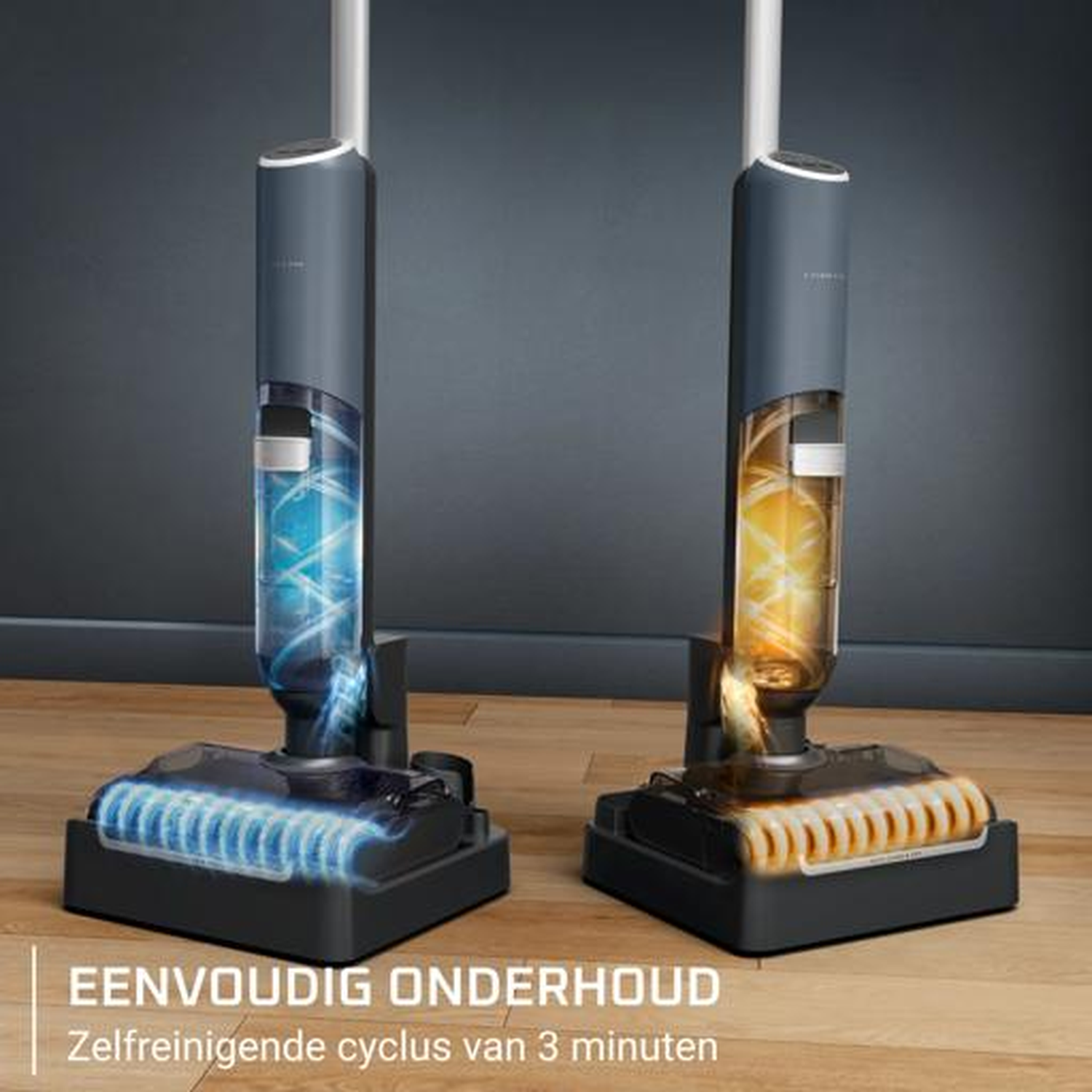 Two vacuum cleaners with blue and yellow lights in tanks.