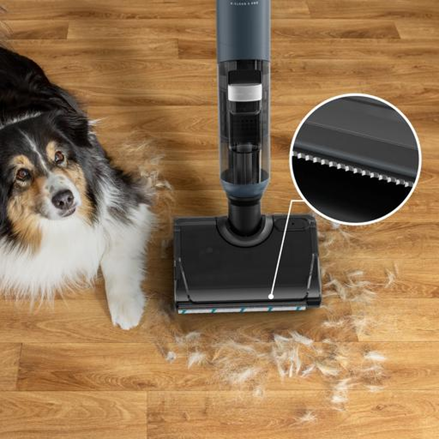 A dog lies on a wooden floor next to a vacuum cleaner with fur remnants.