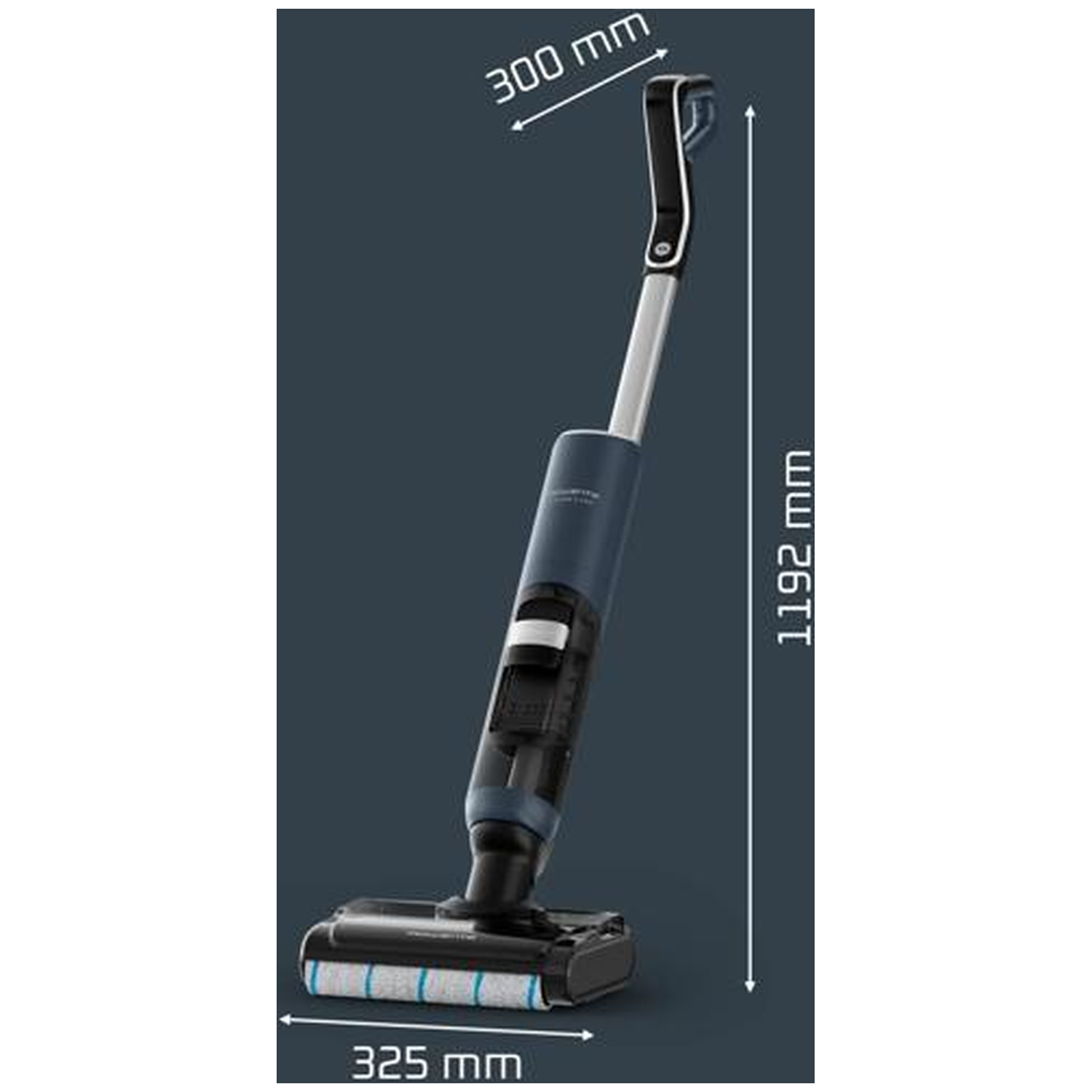 A blue and grey wet/dry vacuum cleaner with rollers. Dimensions: 300mm, 325mm, 1192mm.