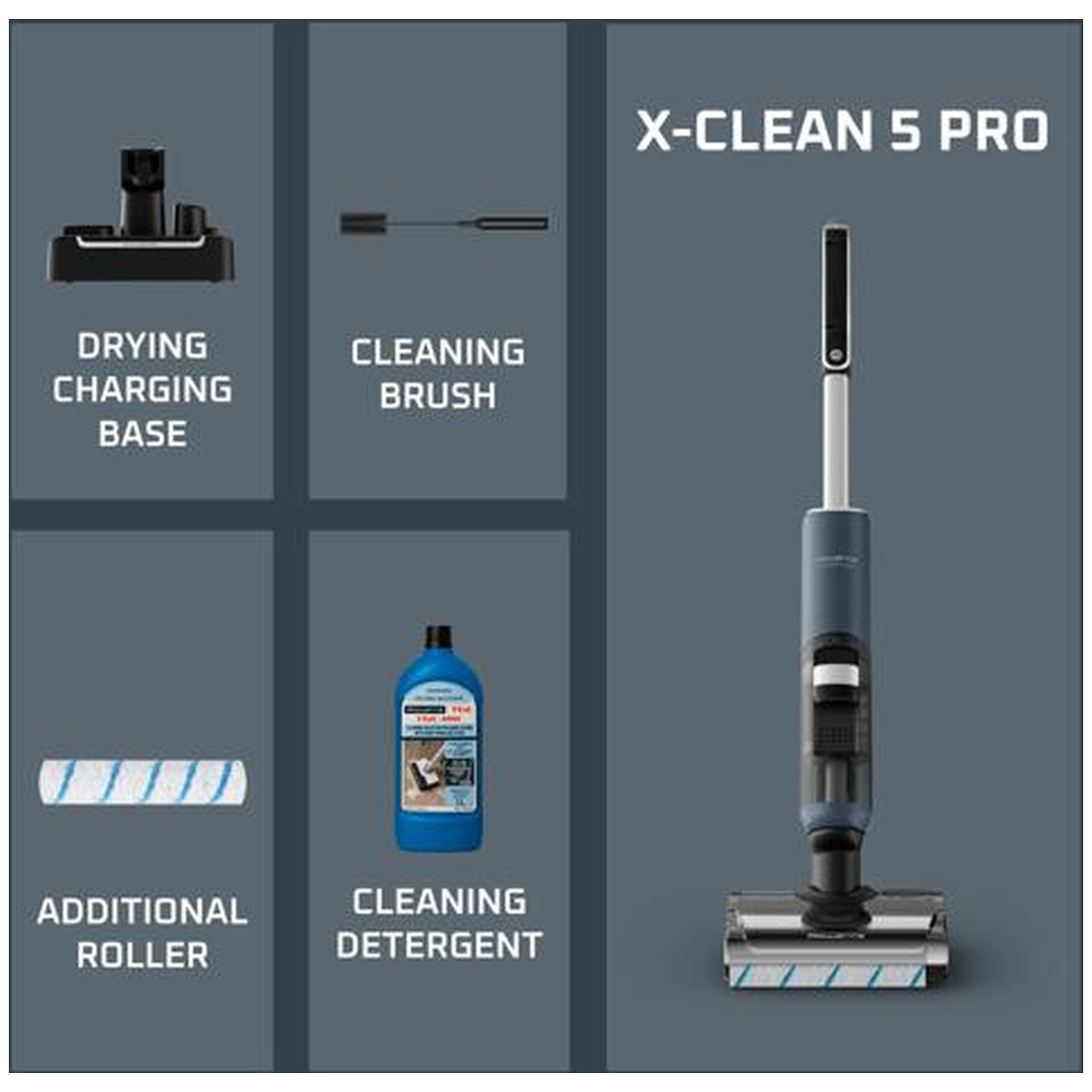 X-CLEAN 5 PRO: Charging base, brush, extra roller, detergent, and vacuum.